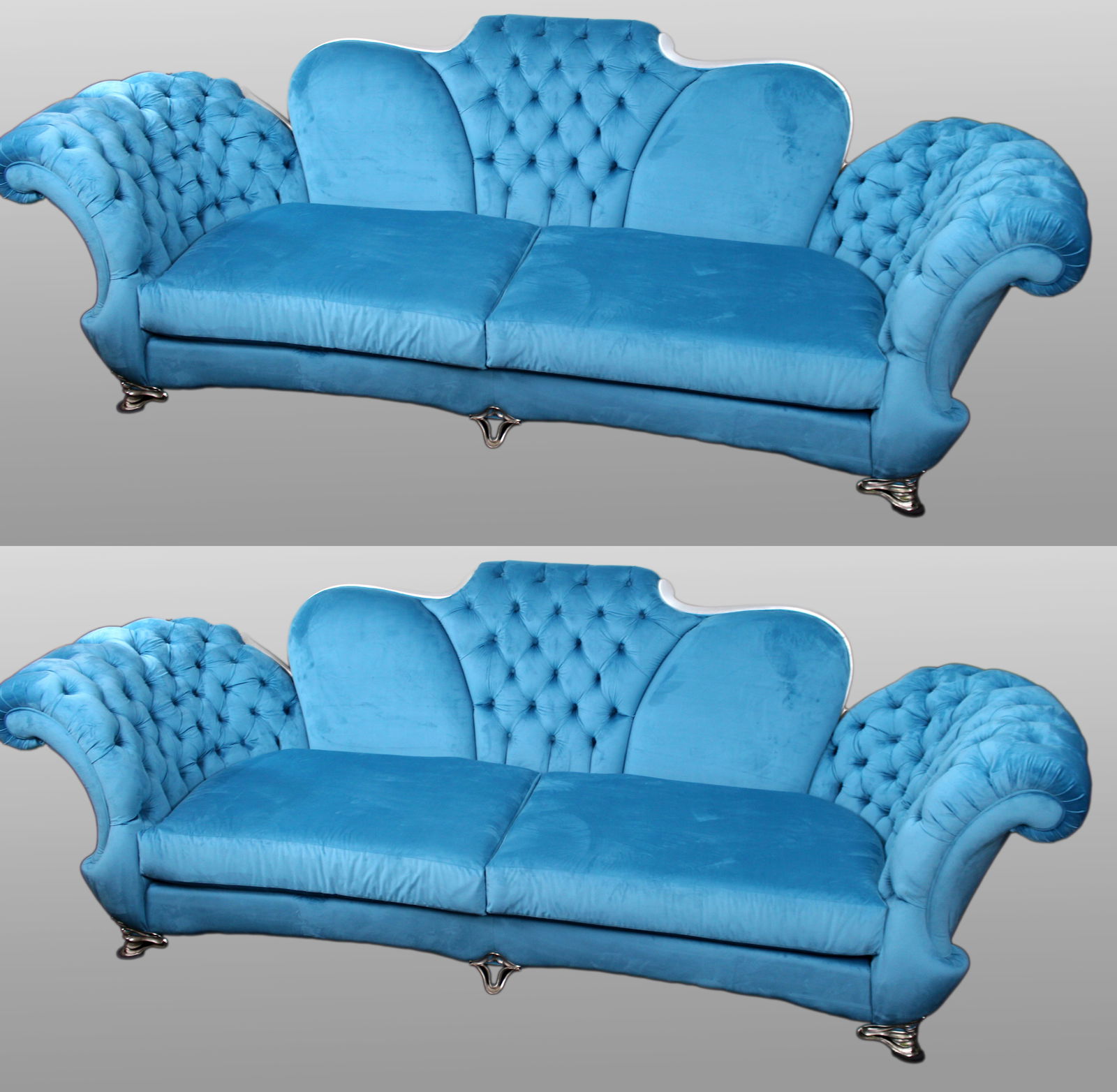Exceptional Pair of ‘Butterfly’ Sofas by Mantellassi 1926: Title: Exceptional Pair of ‘Butterfly’ Sofas by Mantellassi 1926 Description: Pair of ‘Butterfly’ Sofas by Mantellassi 1926, Newly Reupholstered in Turquoise Velvet