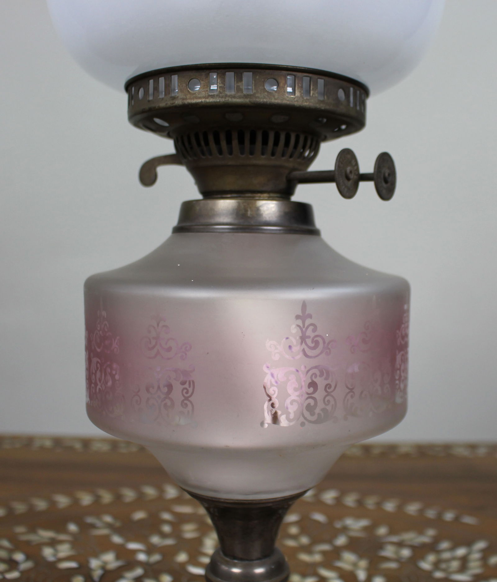 Antique Oil Lamp with Glass Font & Shade - 4