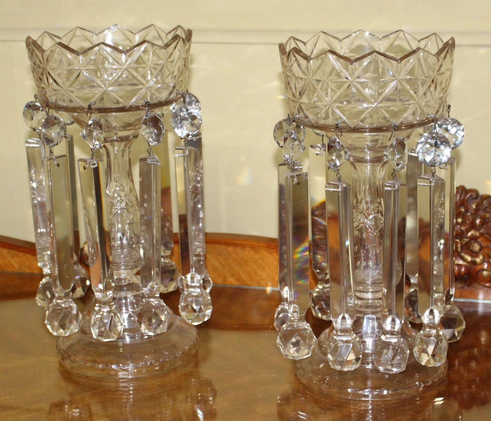 Pair of Heavy Georgian Cut Glass Lustres: Title: Pair of Heavy Georgian Cut Glass Lustres Description: Pair of Heavy Georgian Cut Glass Lustres vEnglish, early 19th century Cut glass crystal Height: 34 cm / 13 1/2 in Offered in very