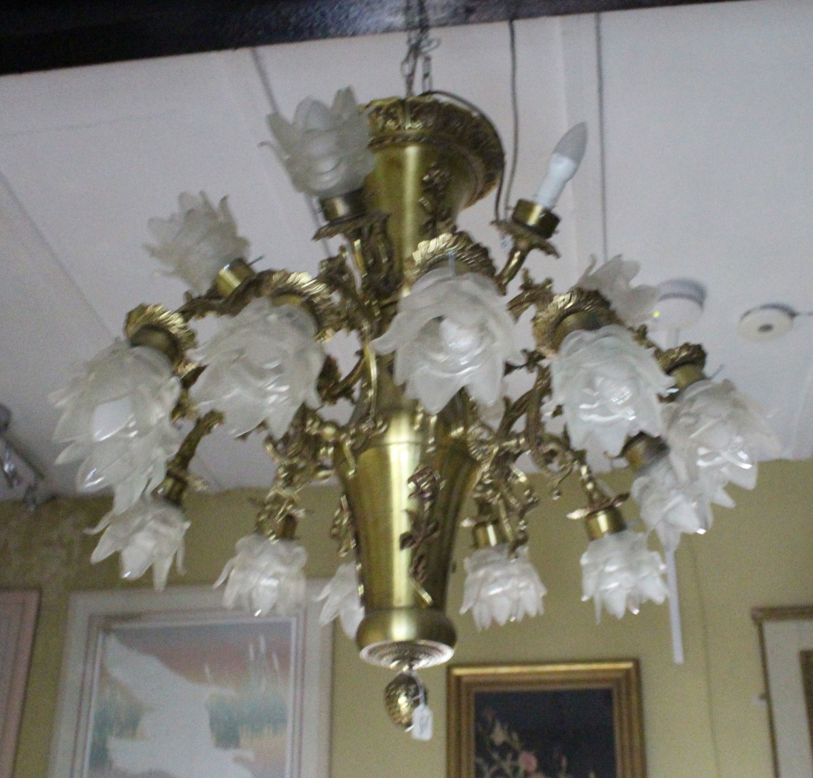 Vintage 18 Light French Brass Chandelier with Glass Shades: Title: Vintage 18 Light French Brass Chandelier with Glass Shades Description: Vintage 18 Light French Brass Chandelier with Glass Shades Condition: Used Location Category: Antiques"