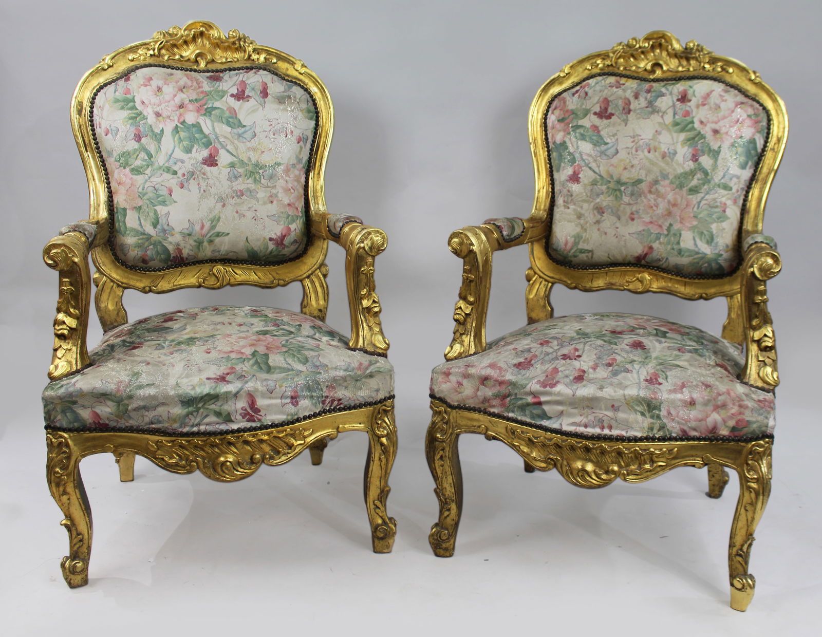 Pair of Vintage Carved Giltwood Louis XV Style Upholstered Armchairs - 10