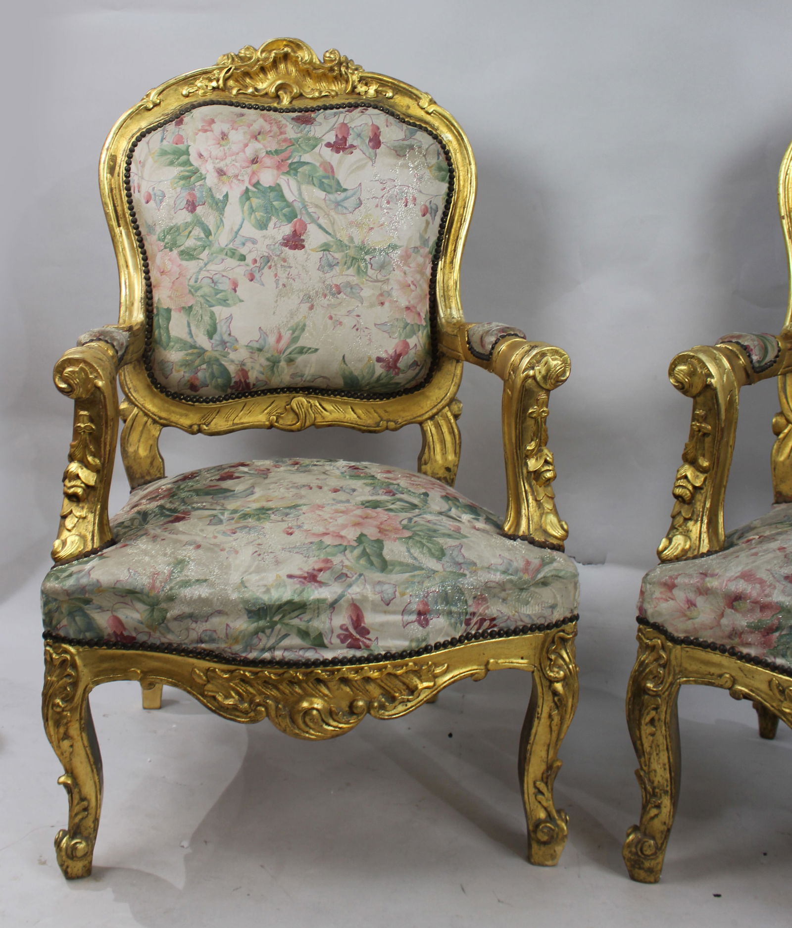 Pair of Vintage Carved Giltwood Louis XV Style Upholstered Armchairs - 2