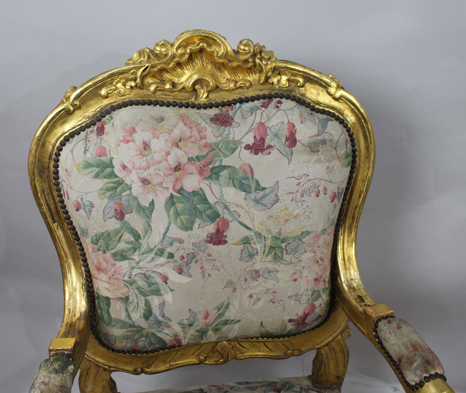 Pair of Vintage Carved Giltwood Louis XV Style Upholstered Armchairs - 4