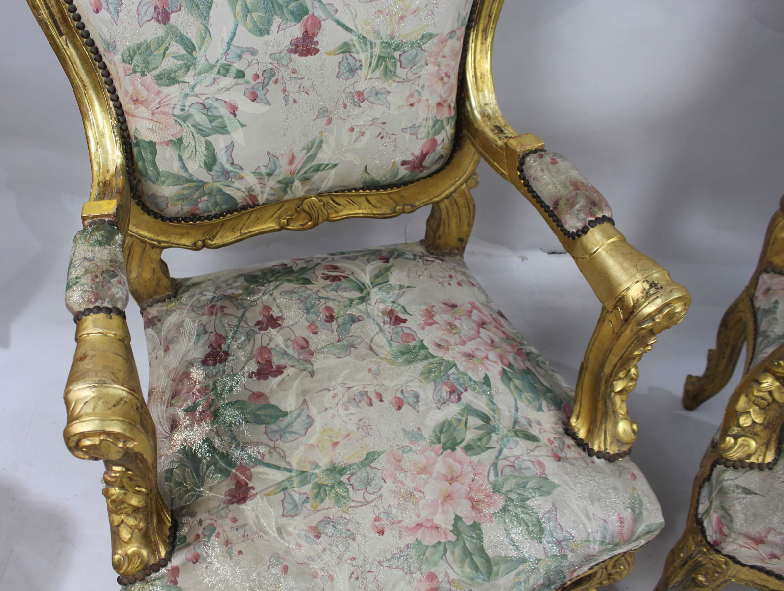 Pair of Vintage Carved Giltwood Louis XV Style Upholstered Armchairs - 5