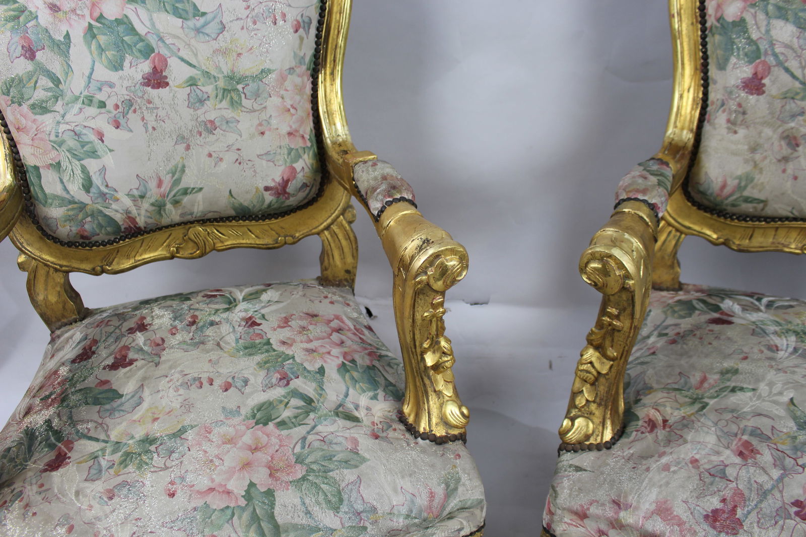 Pair of Vintage Carved Giltwood Louis XV Style Upholstered Armchairs - 6