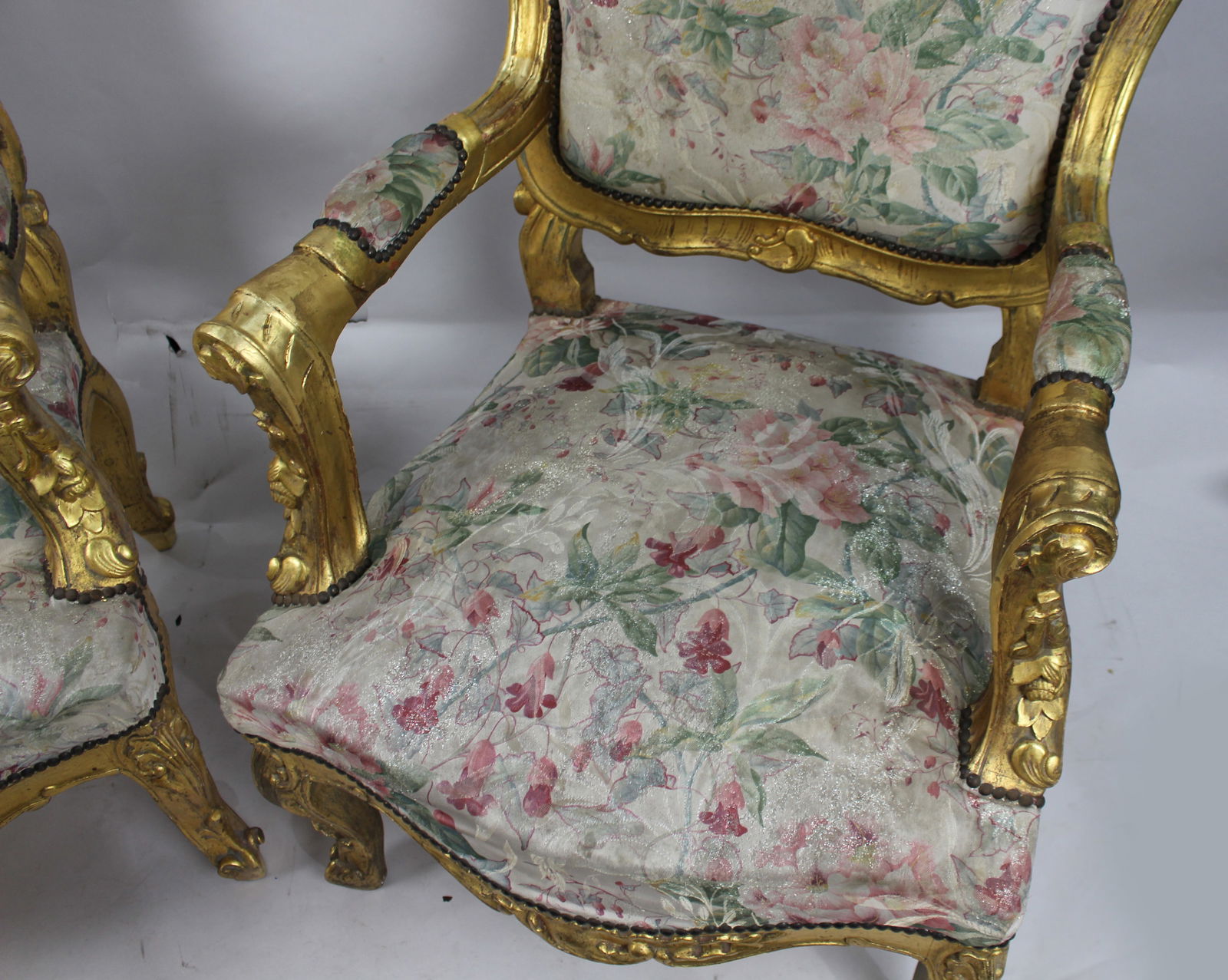 Pair of Vintage Carved Giltwood Louis XV Style Upholstered Armchairs - 7