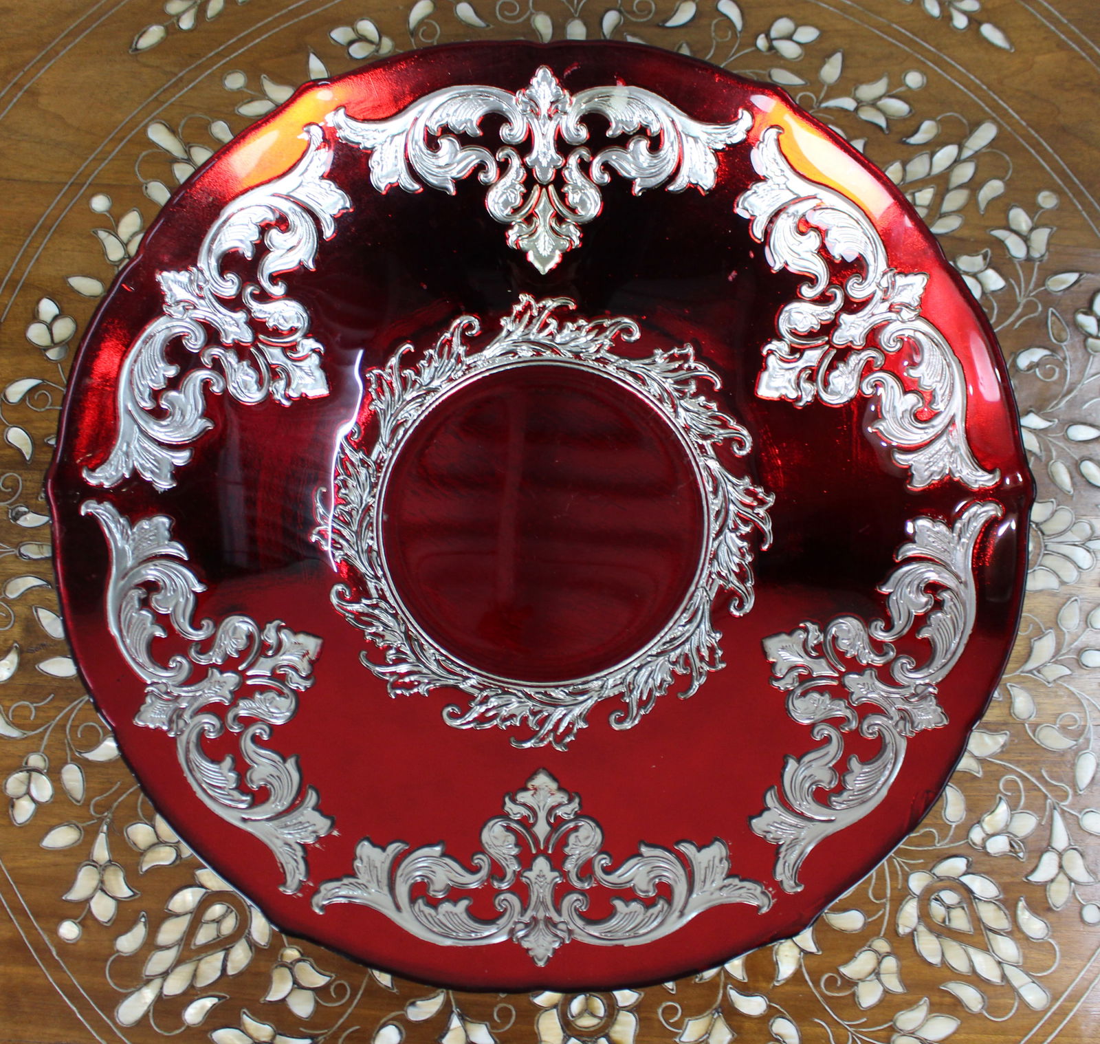 Large Ruby Flashed Glass Bowl with Ornate Silver Overlay - 2