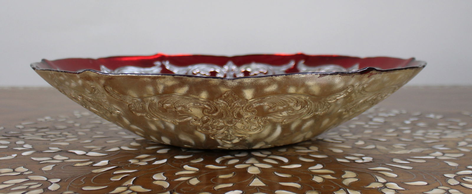 Large Ruby Flashed Glass Bowl with Ornate Silver Overlay - 3