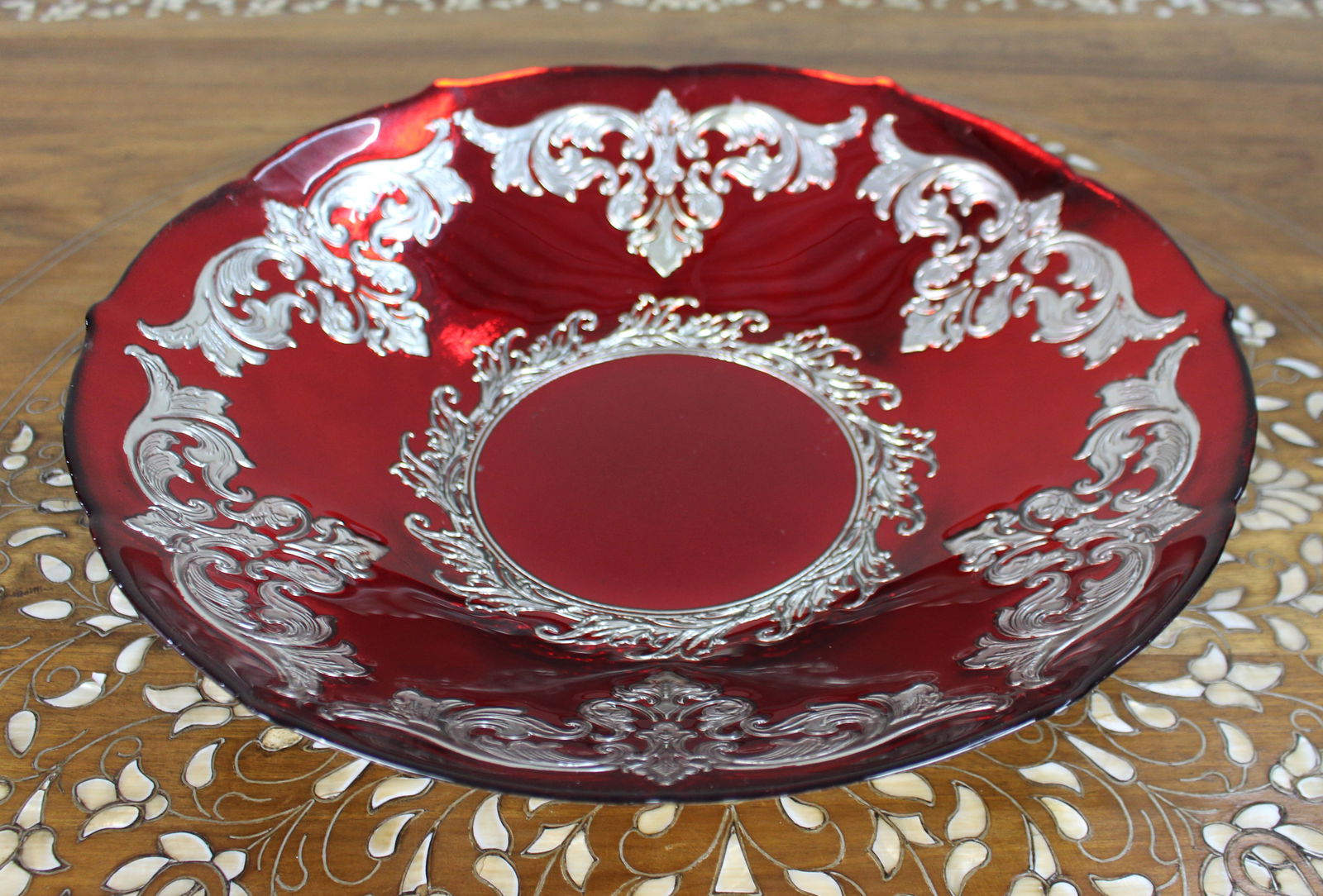 Large Ruby Flashed Glass Bowl with Ornate Silver Overlay - 4
