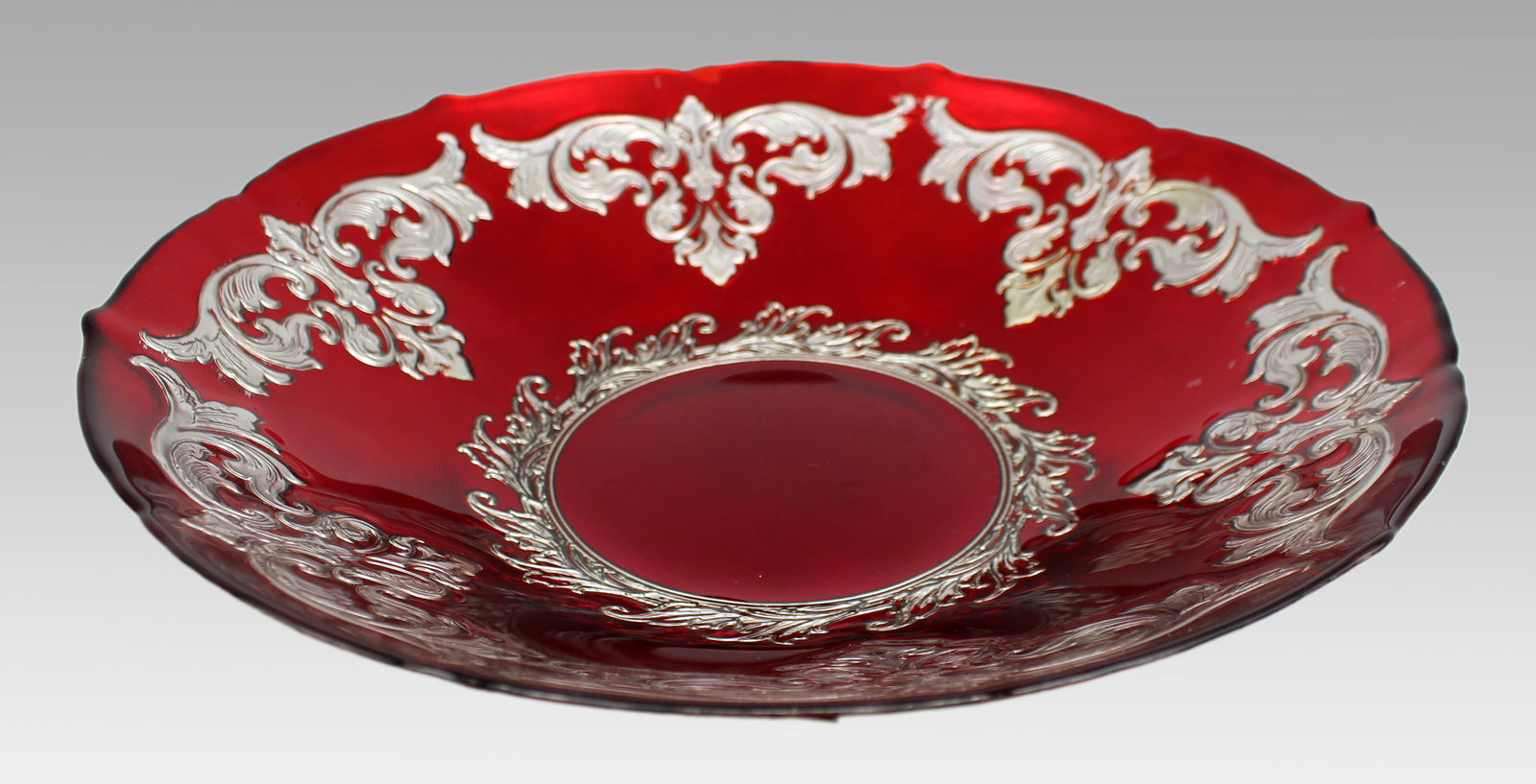 Large Ruby Flashed Glass Bowl with Ornate Silver Overlay - 6