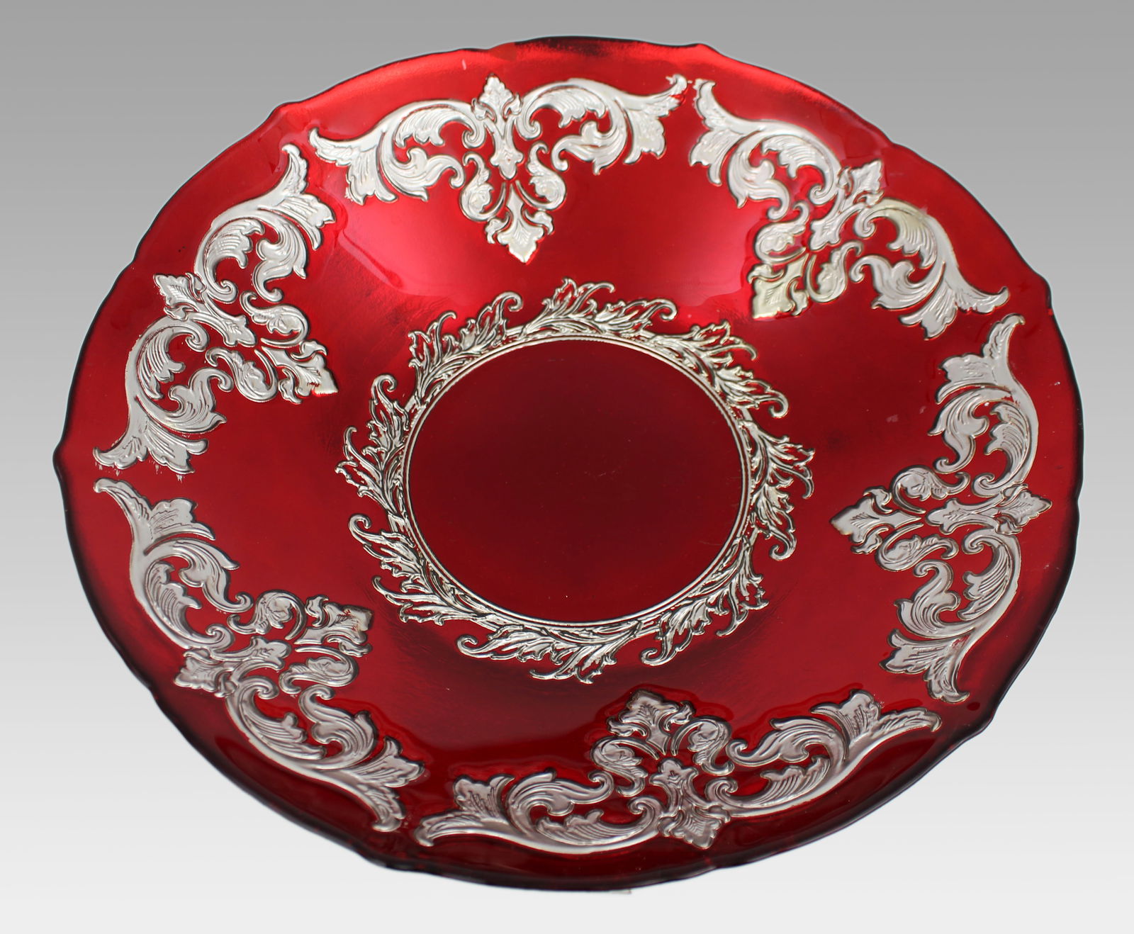 Large Ruby Flashed Glass Bowl with Ornate Silver Overlay - 7