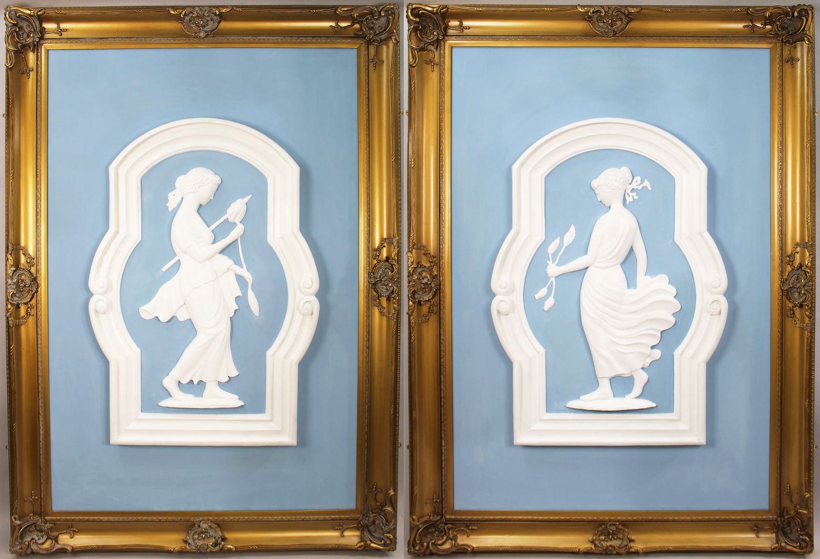 Pair of Monumental British Art Deco Plaster Relief Panels in Gilt Frames, c.1930: Title: Pair of Monumental British Art Deco Plaster Relief Panels in Gilt Frames, c.1930 Description: Pair of Monumental British Art Deco Plaster Relief Panels in Gilt Frames, c.1930 A v