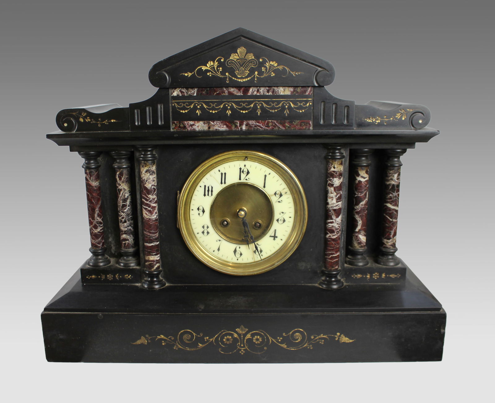 Victorian Black Marble Mantel Clock with Rouge Marble Columns c.1860: Title: Victorian Black Marble Mantel Clock with Rouge Marble Columns c.1860 Description: High Victorian Black Marble Mantel Clock with Rouge Marble Columns by F. Marti, Paris – c.186