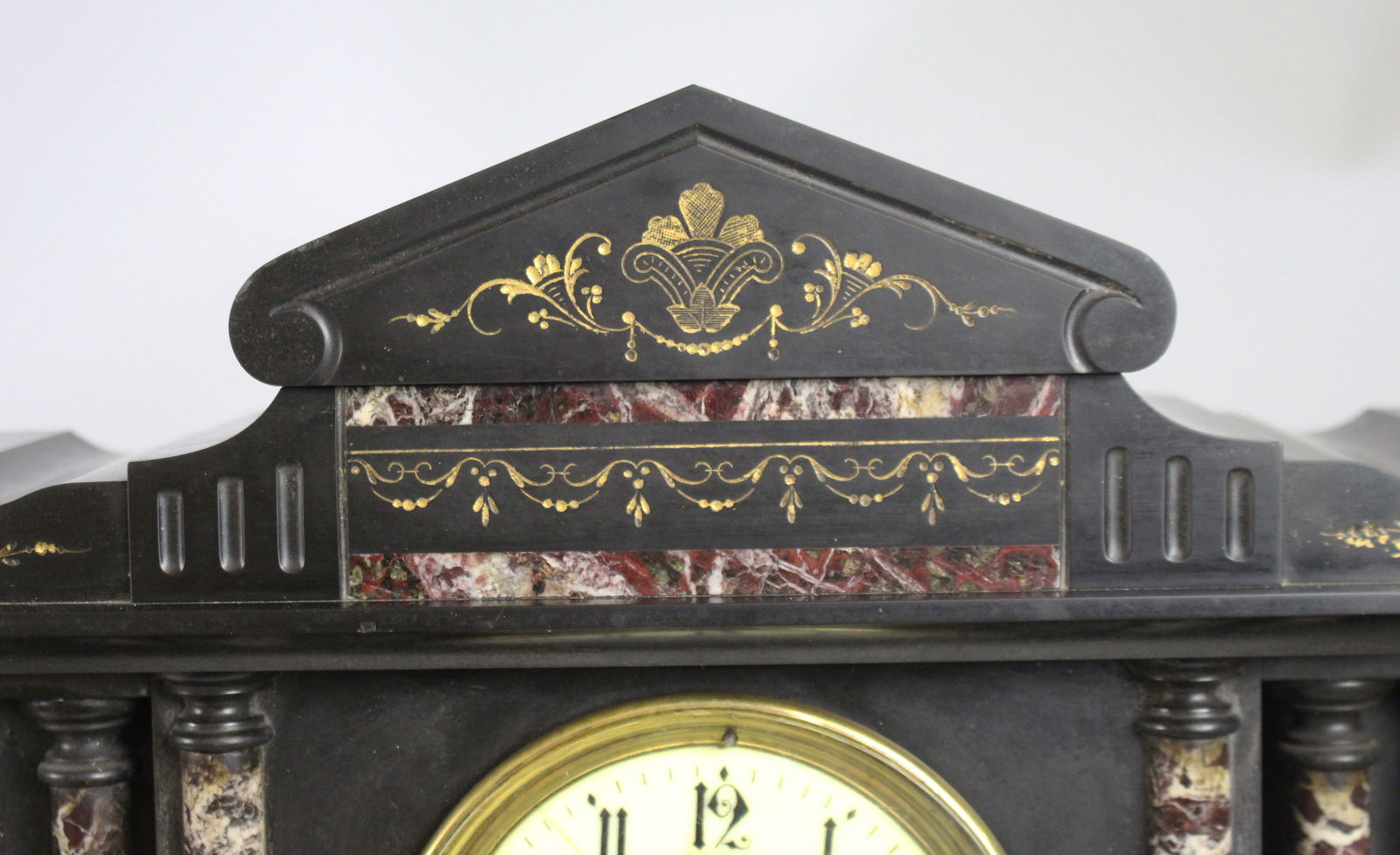 Victorian Black Marble Mantel Clock with Rouge Marble Columns c.1860 - 4