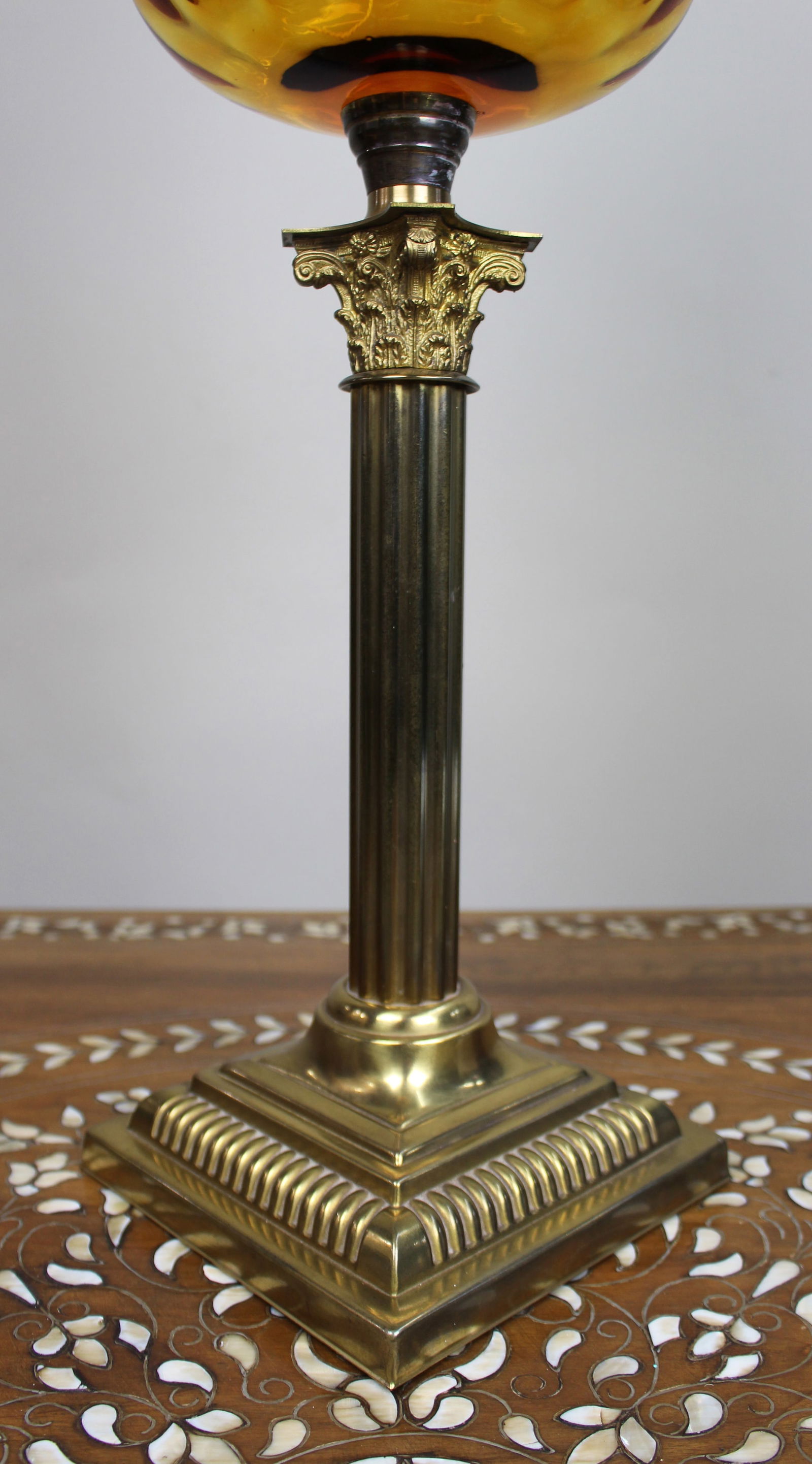 Victorian Brass Oil Lamp with Amber Glass Font - 10