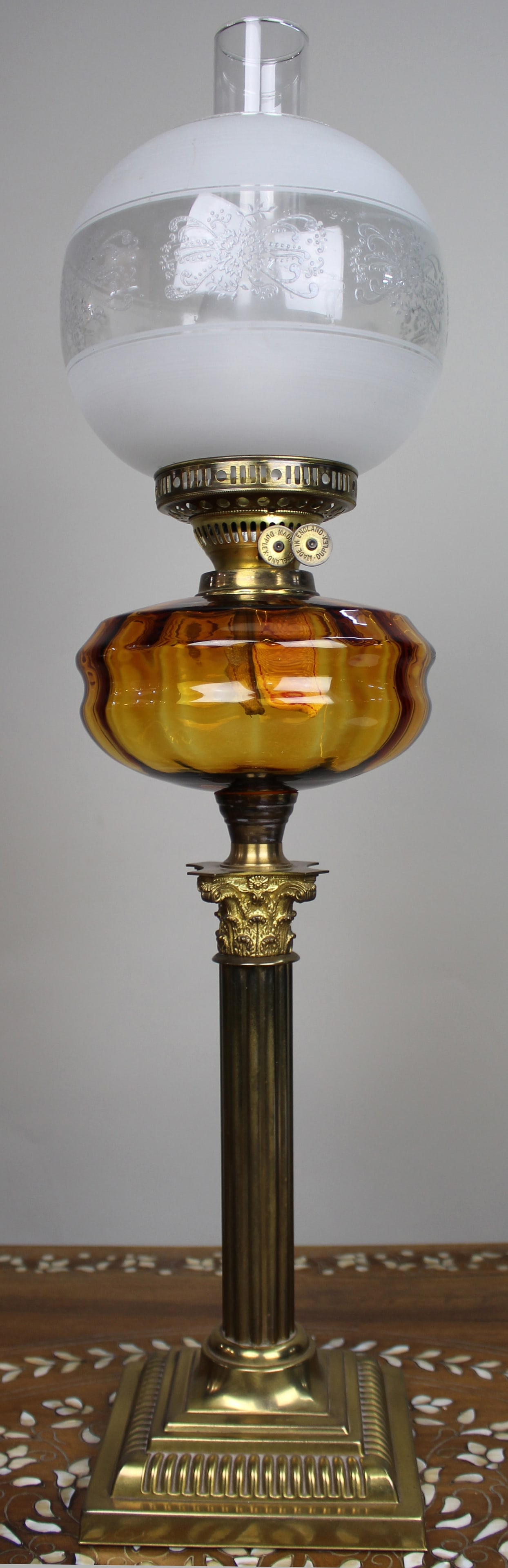 Victorian Brass Oil Lamp with Amber Glass Font - 2
