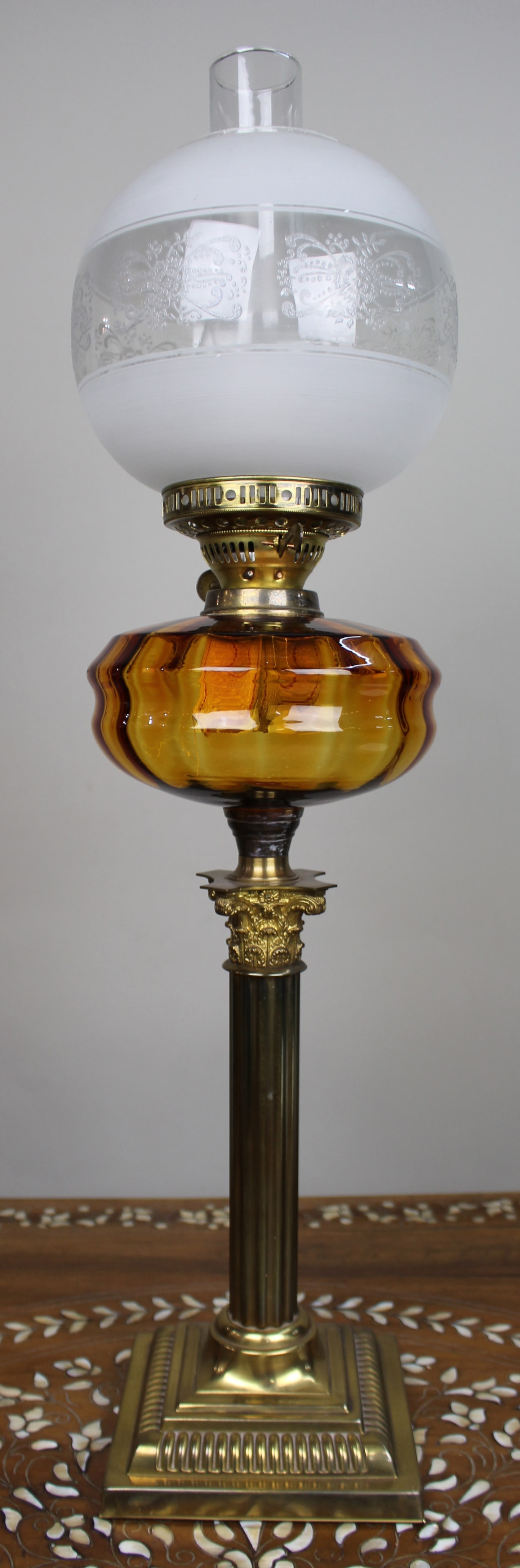 Victorian Brass Oil Lamp with Amber Glass Font - 3