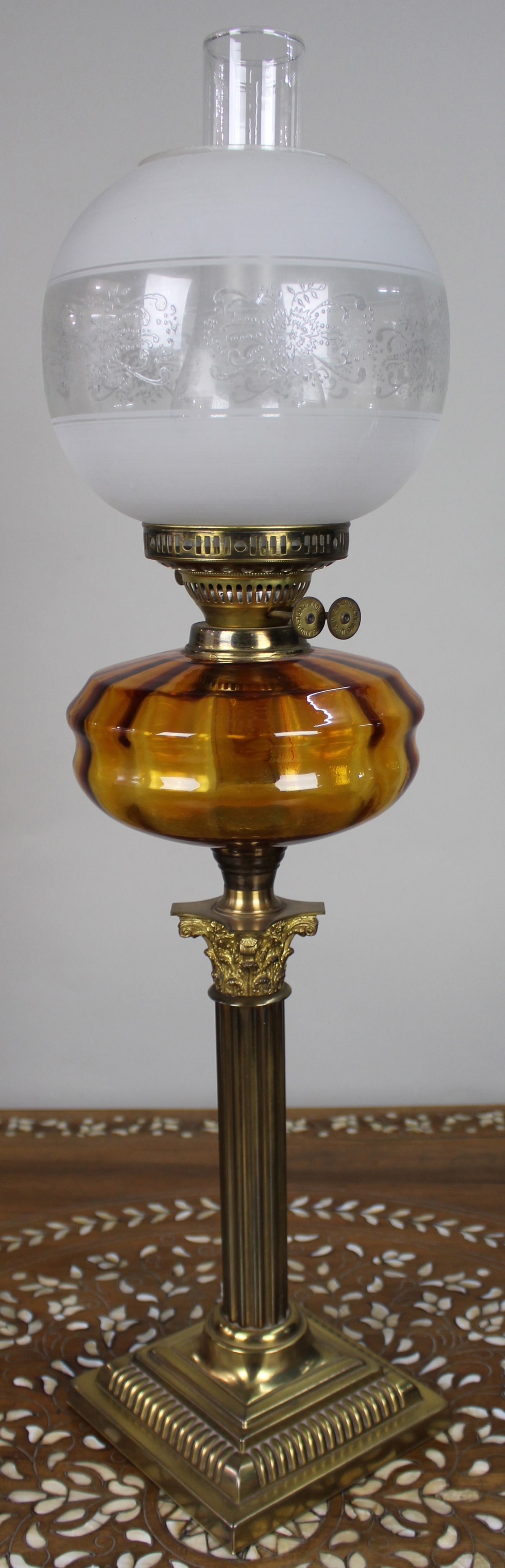 Victorian Brass Oil Lamp with Amber Glass Font - 4
