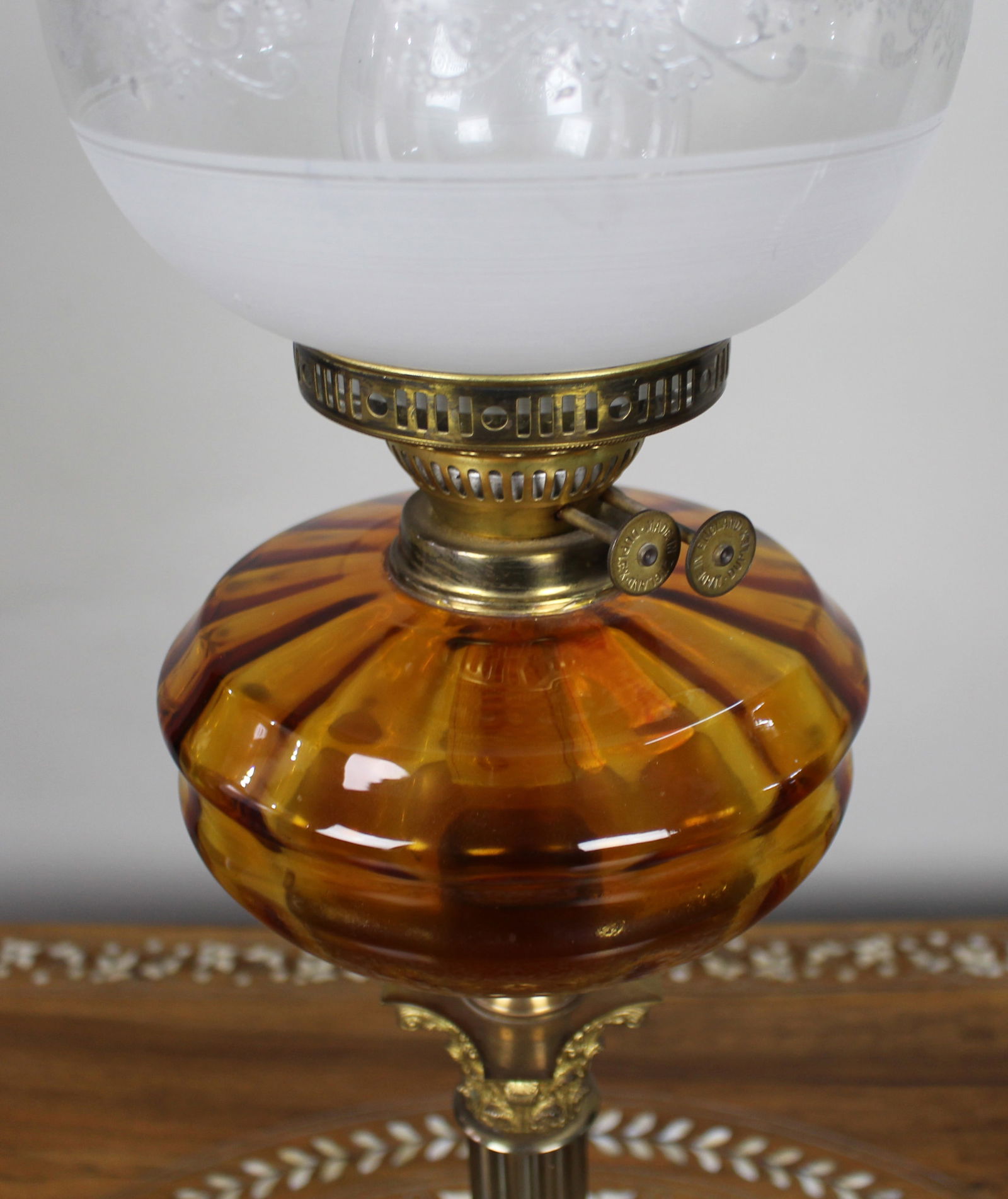 Victorian Brass Oil Lamp with Amber Glass Font - 7