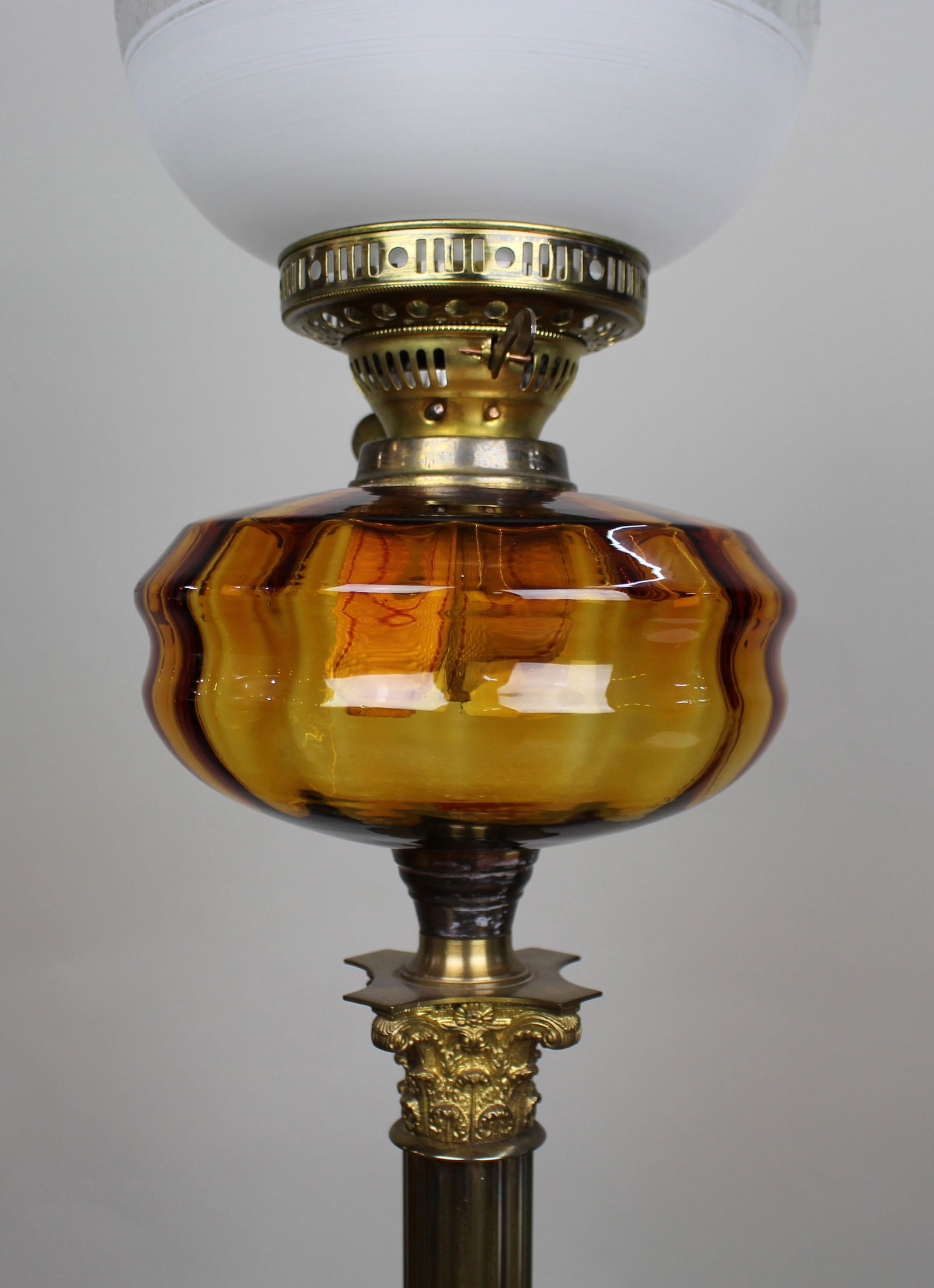Victorian Brass Oil Lamp with Amber Glass Font - 9