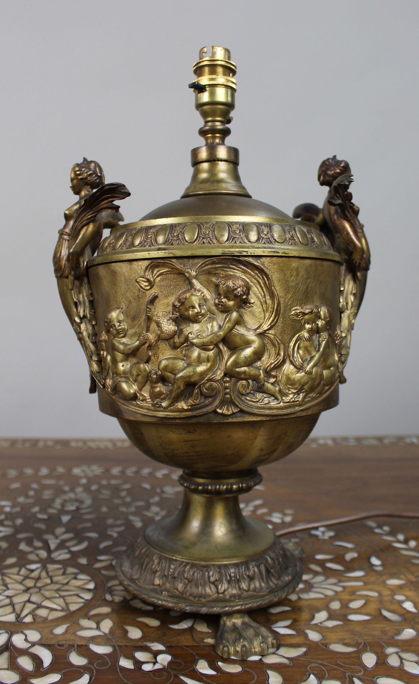 Pair of French Gilt Bronze Urn Lamps with Putti Reliefs, circa 1900 - 6
