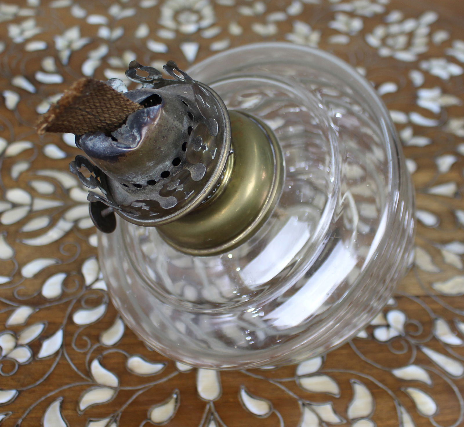 Antique Ribbed Glass and Brass Oil Lamp Font, c.1900 - 5
