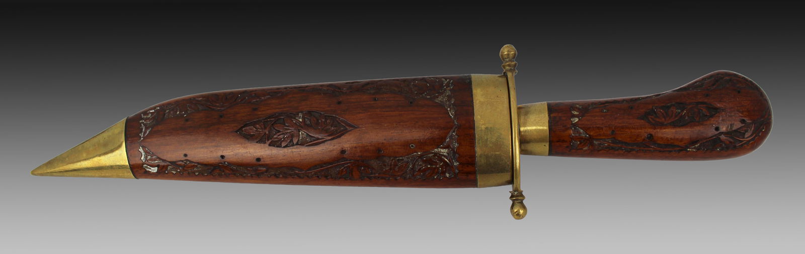 Indian Knife in Hand Carved Wood & Brass Scabbard - 2