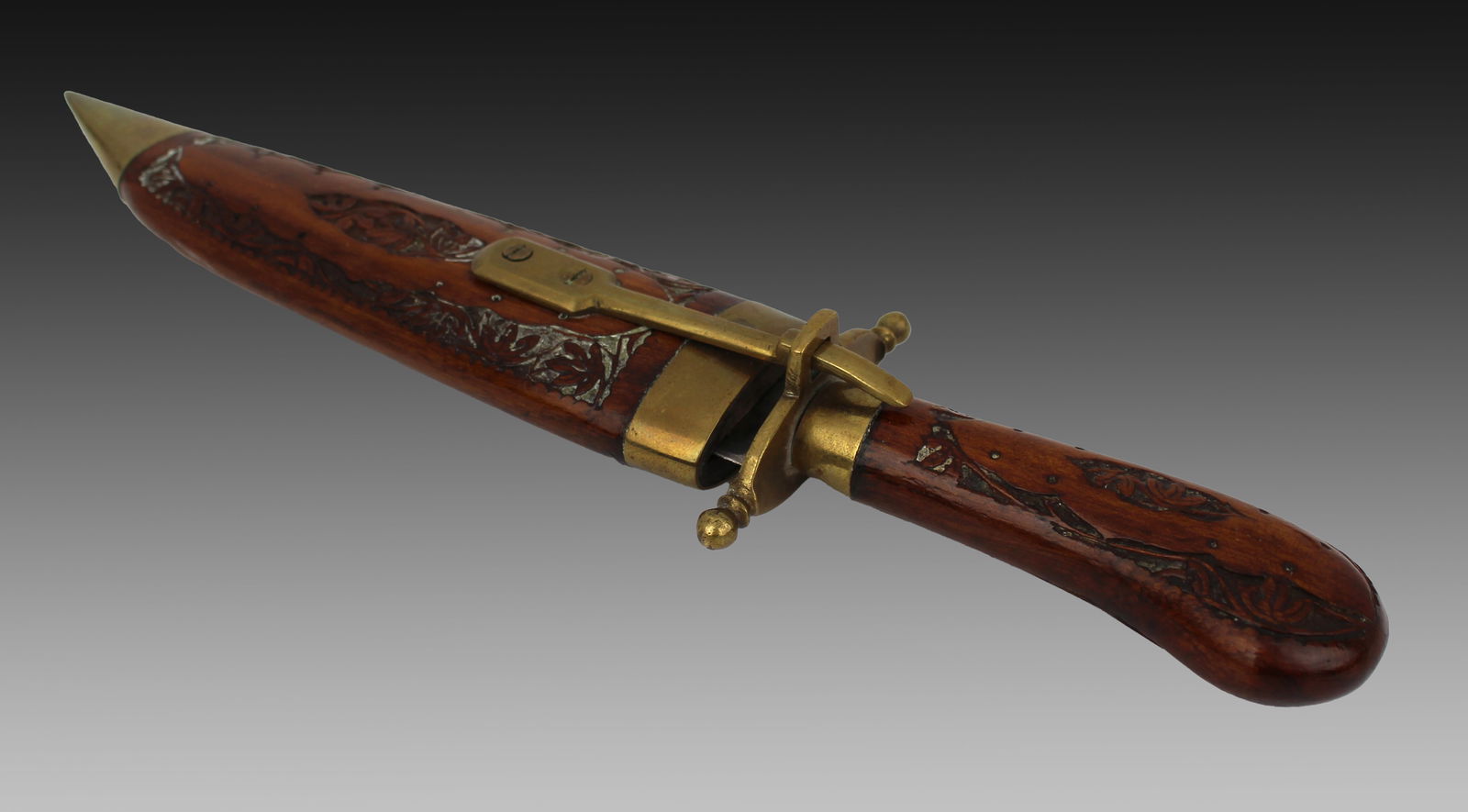 Indian Knife in Hand Carved Wood & Brass Scabbard - 3