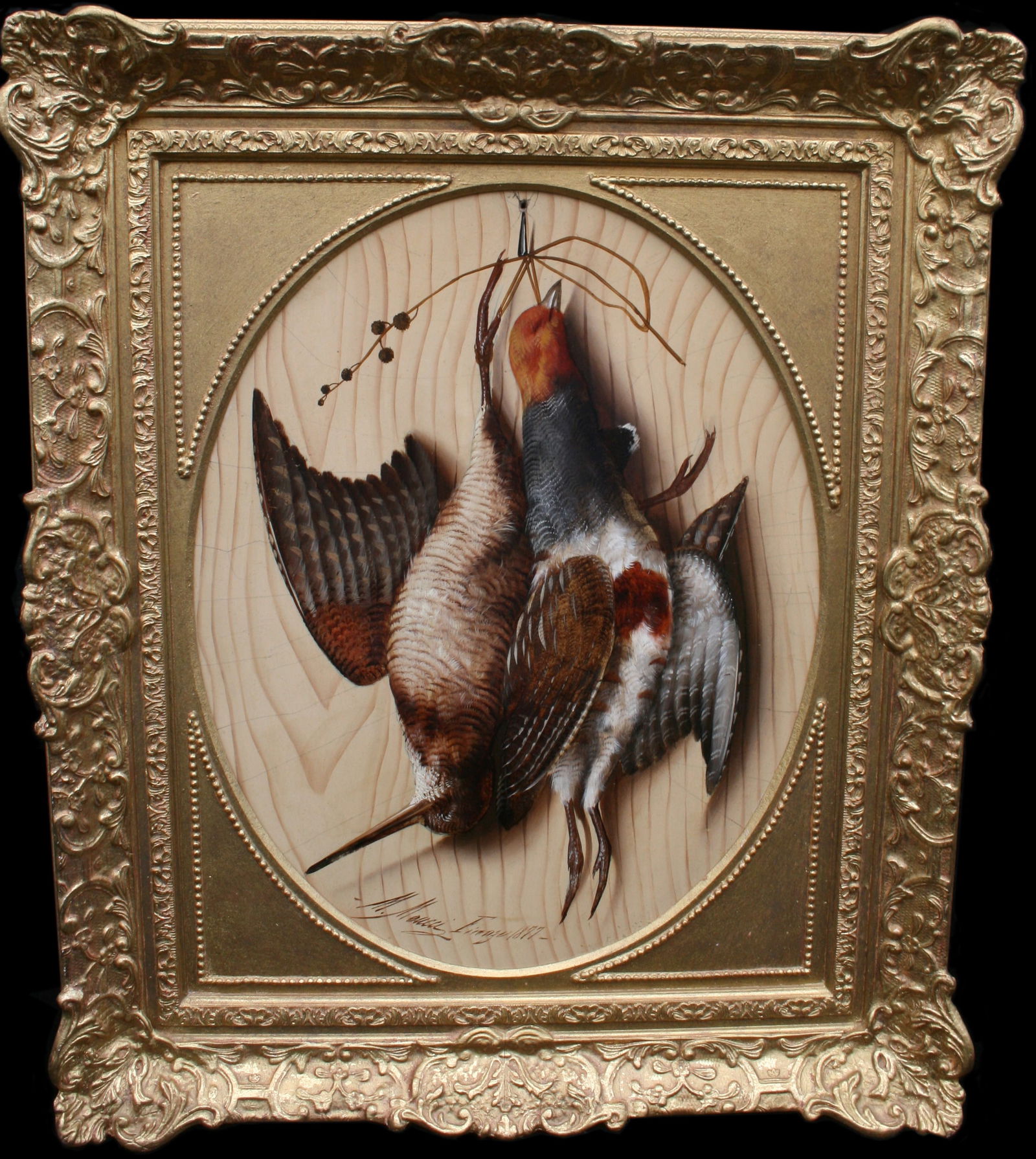 Trompe l’oeil by Michelangelo Meucci (Italian, 1840–1890): Title: Trompe l’oeil by Michelangelo Meucci (Italian, 1840–1890) Description: Victorian Trompe l’Oeil Game Still Life by Michelangelo Meucci (Italian, 1840–1890)