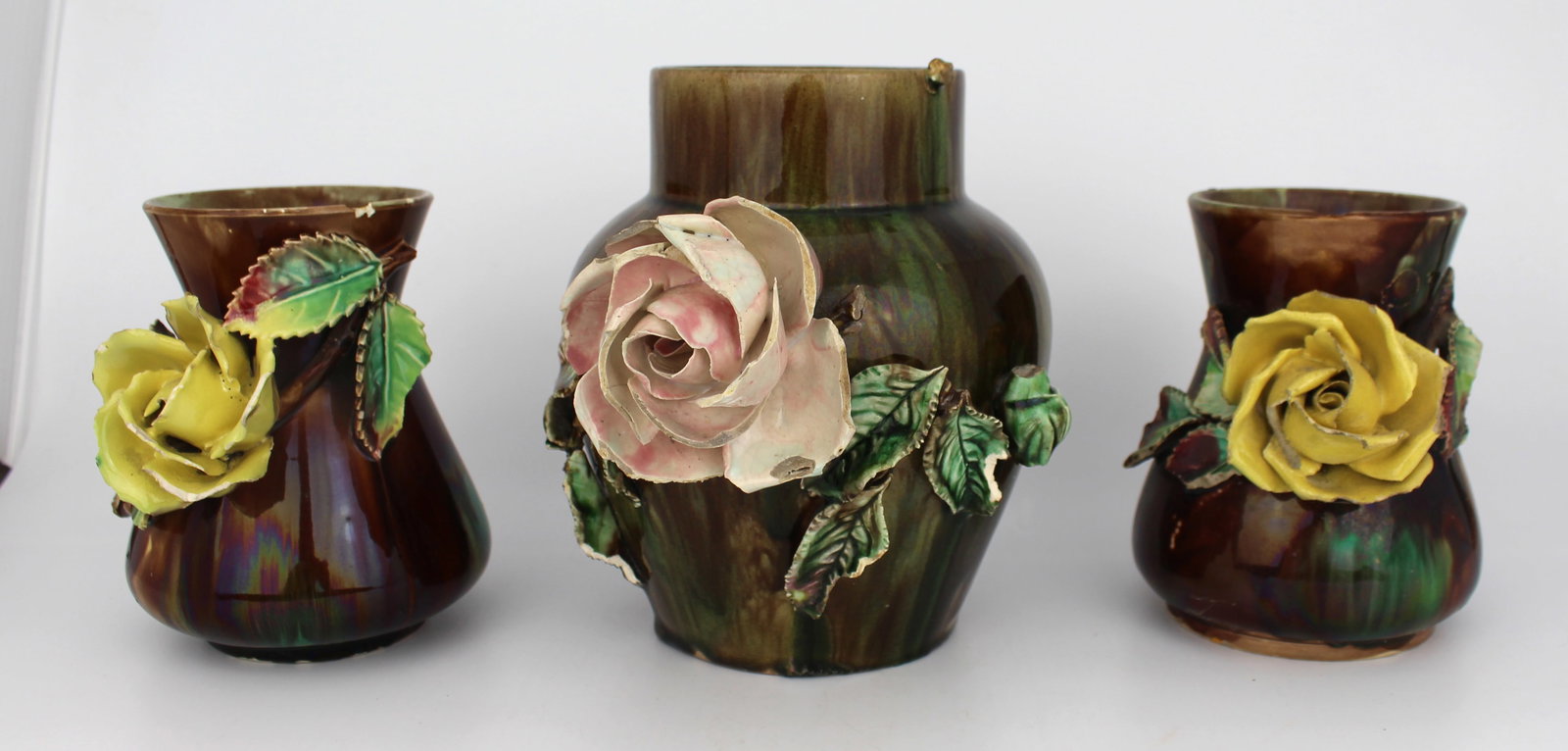 Set of 3 Decorative Victorian Floral Pottery Vases (1 of 14)