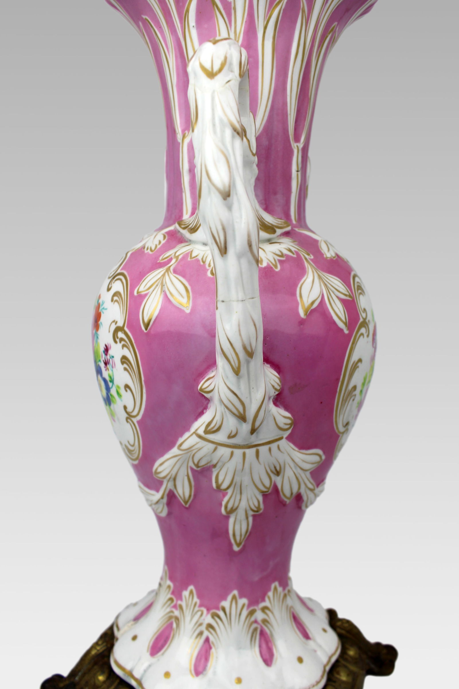 Antique Hand Painted Pink Ground Porcelain Table Lamp, c.1890 - 11