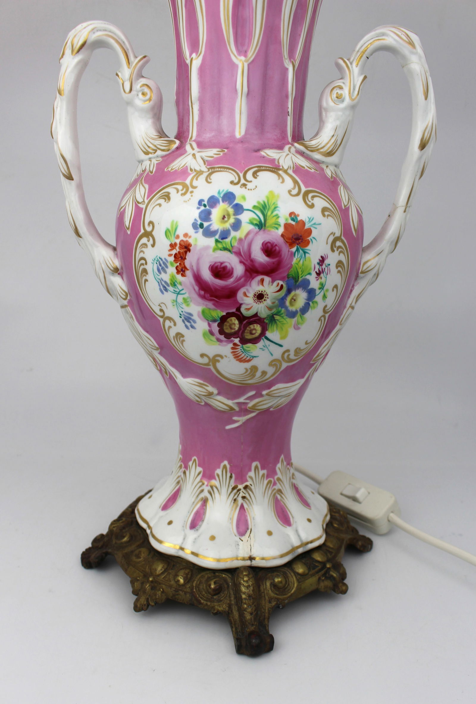 Antique Hand Painted Pink Ground Porcelain Table Lamp, c.1890 - 12