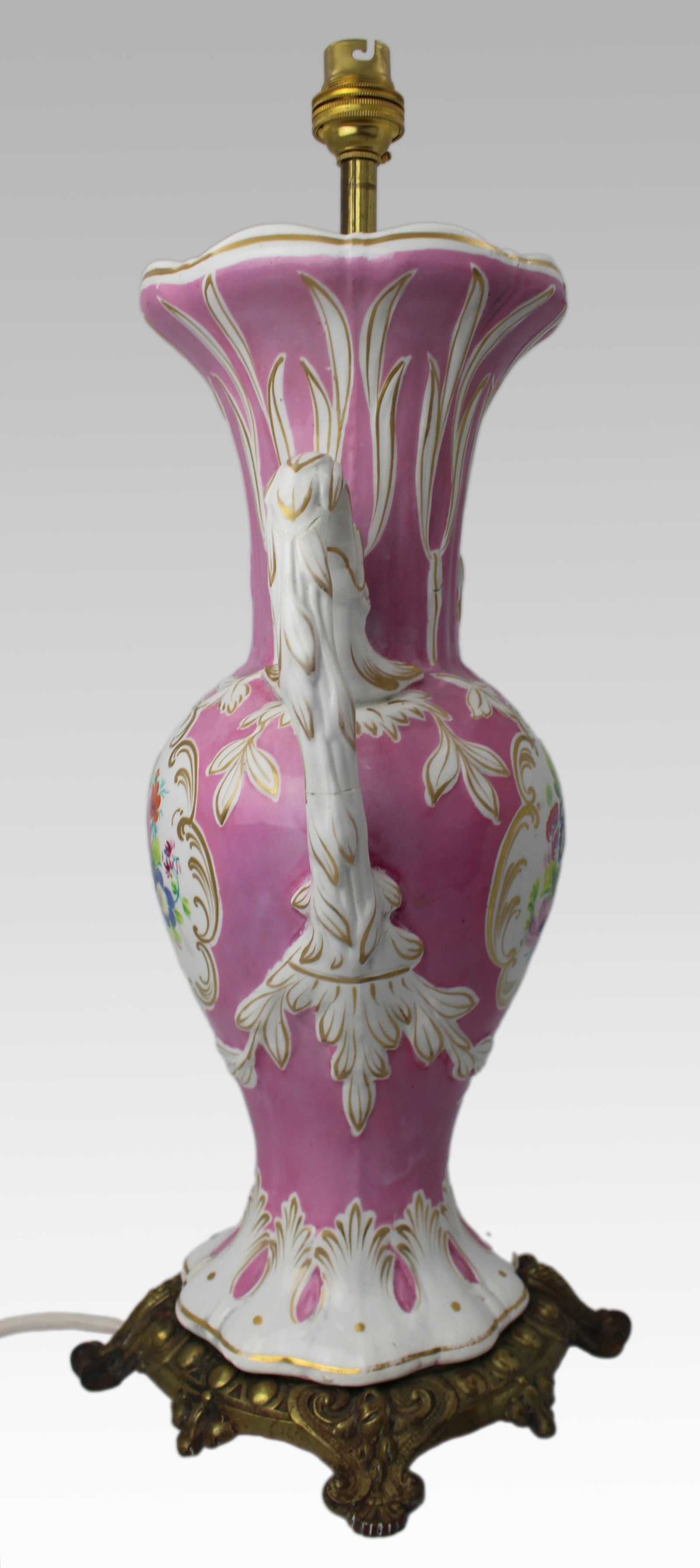 Antique Hand Painted Pink Ground Porcelain Table Lamp, c.1890 - 6