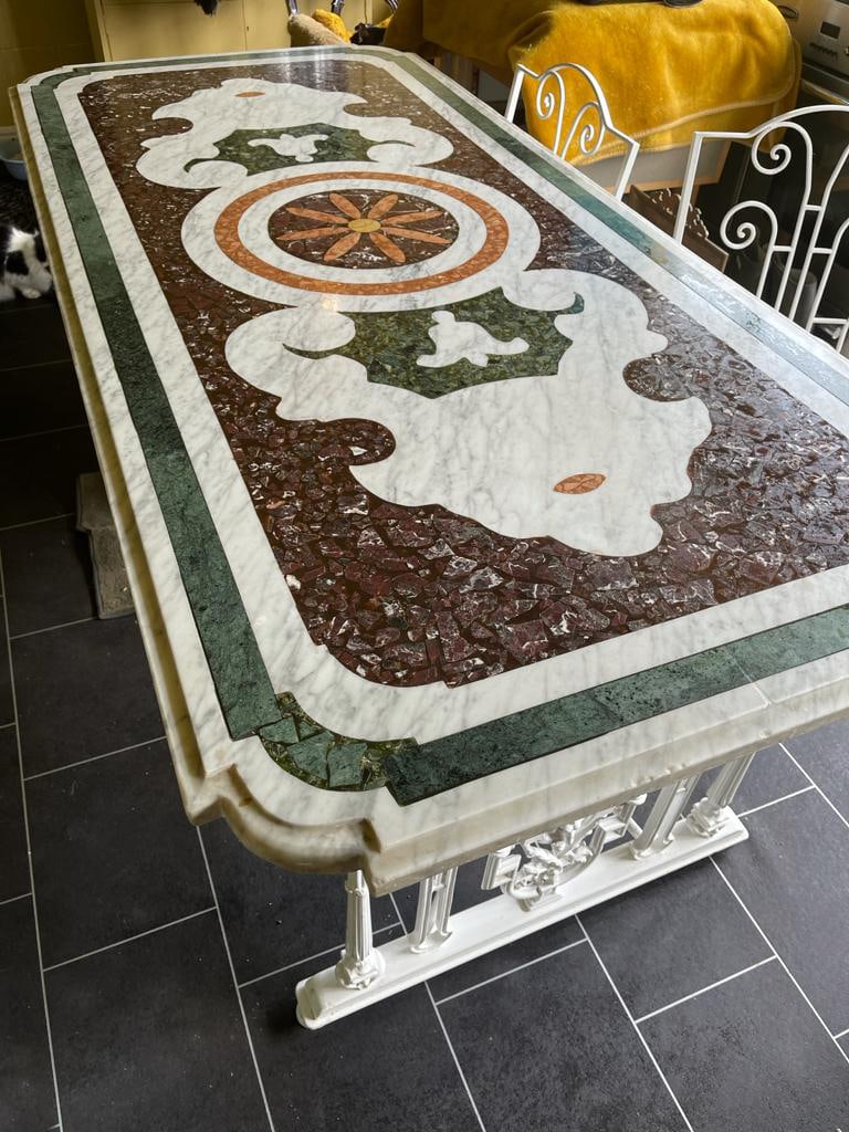 Italian Pietra Dura Marble Centre Table with Six Chairs: Title: Italian Pietra Dura Marble Centre Table with Six Chairs Description: Italian Pietra Dura Marble Centre Table with Six Chairs A stunning Italian Pietra Dura marble centre table o