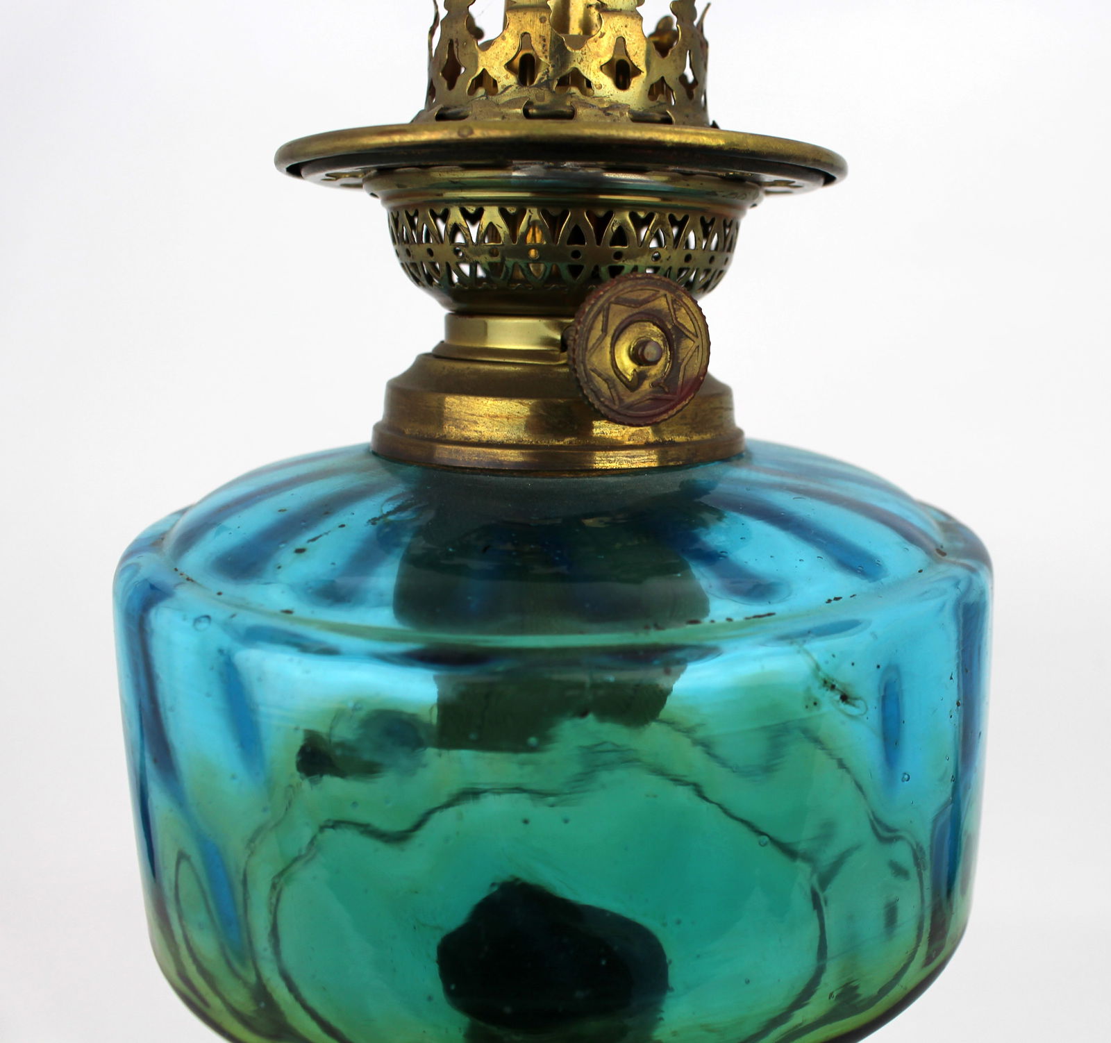 Antique Victorian Oil Lamp with Blue Glass Font - 12