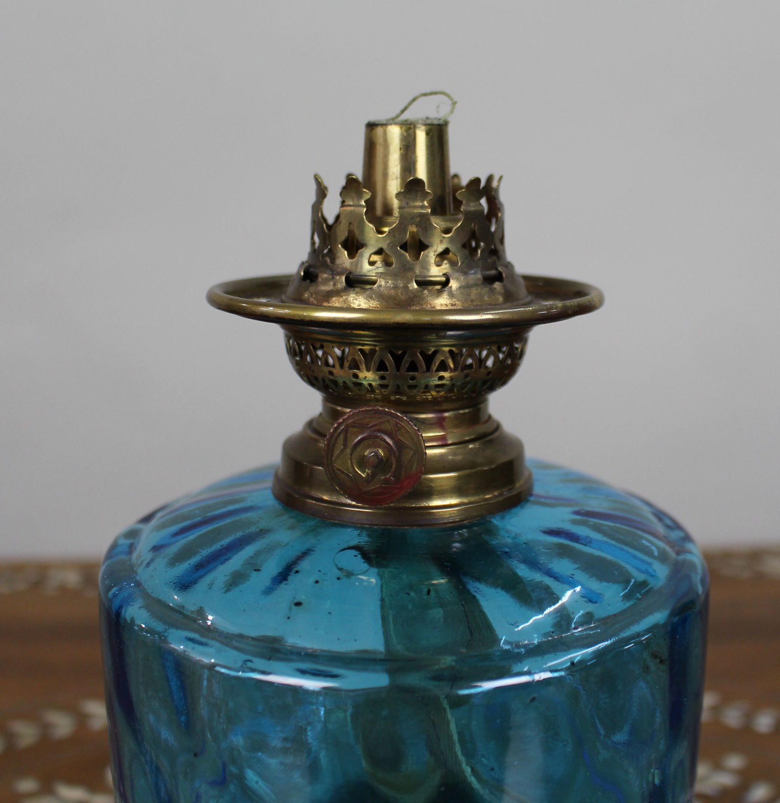 Antique Victorian Oil Lamp with Blue Glass Font - 7
