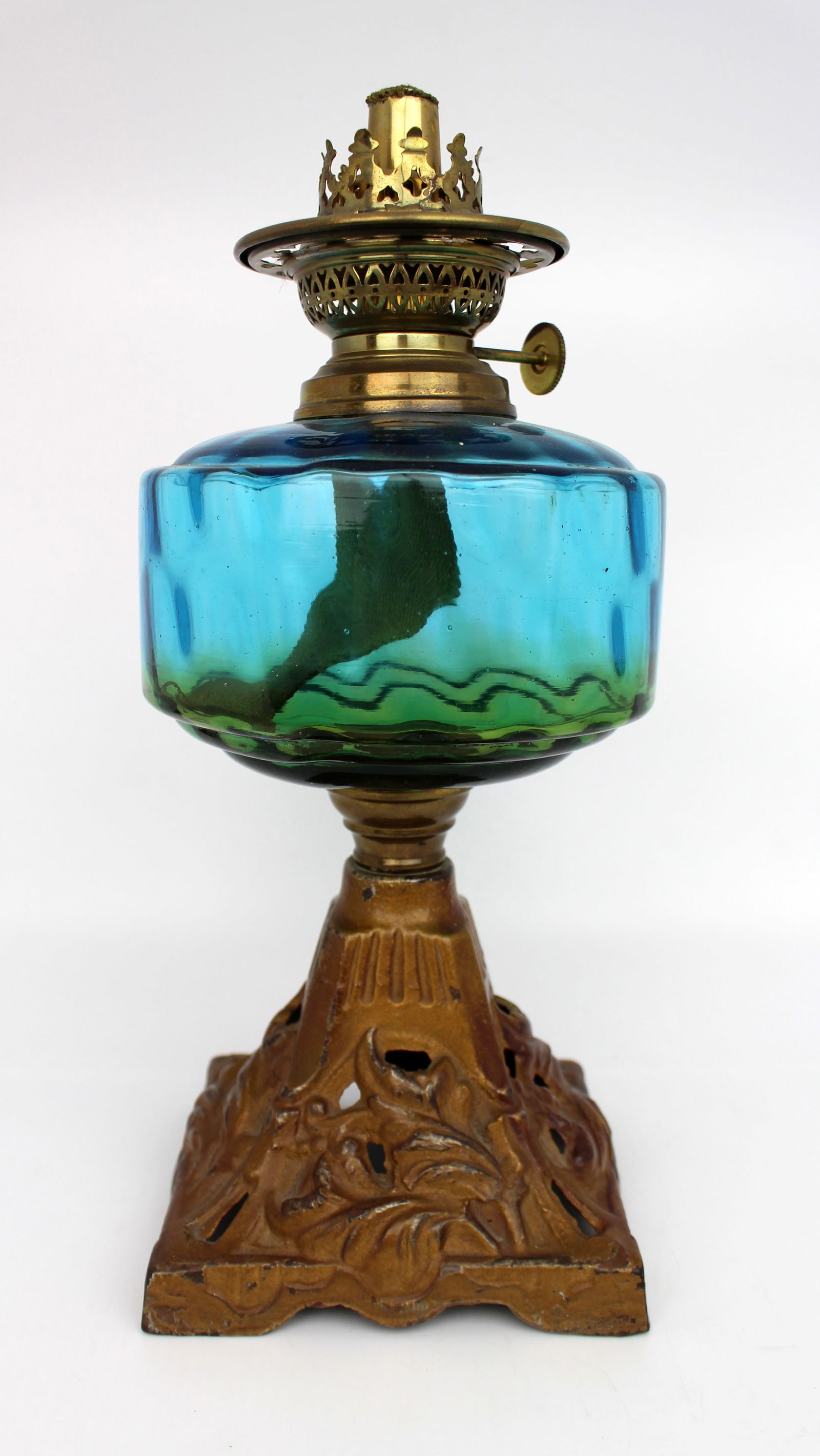 Antique Victorian Oil Lamp with Blue Glass Font - 8