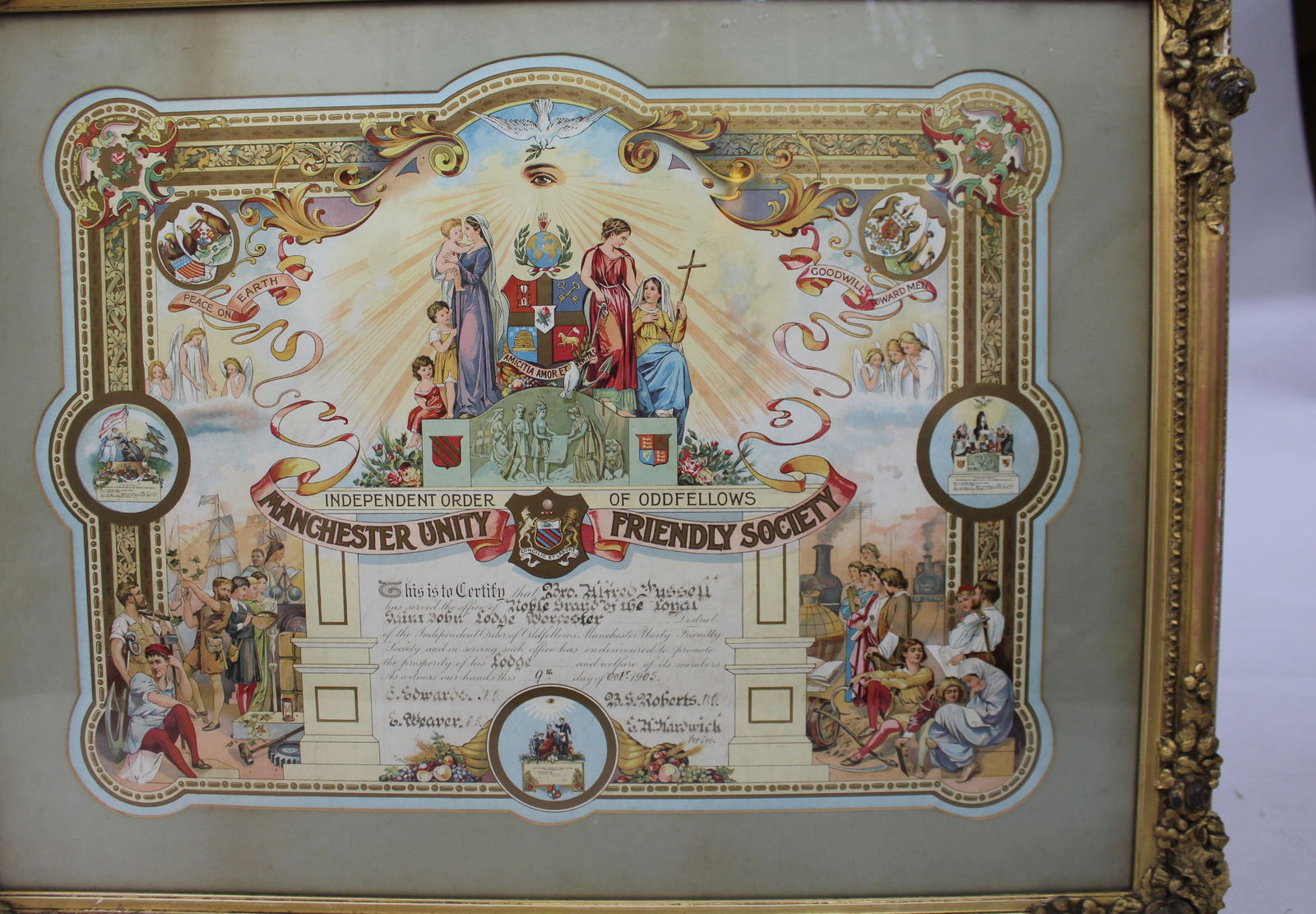 Edwardian Oddfellows Manchester Unity Friendly Society Certificate – Worcester – 1905 - 2