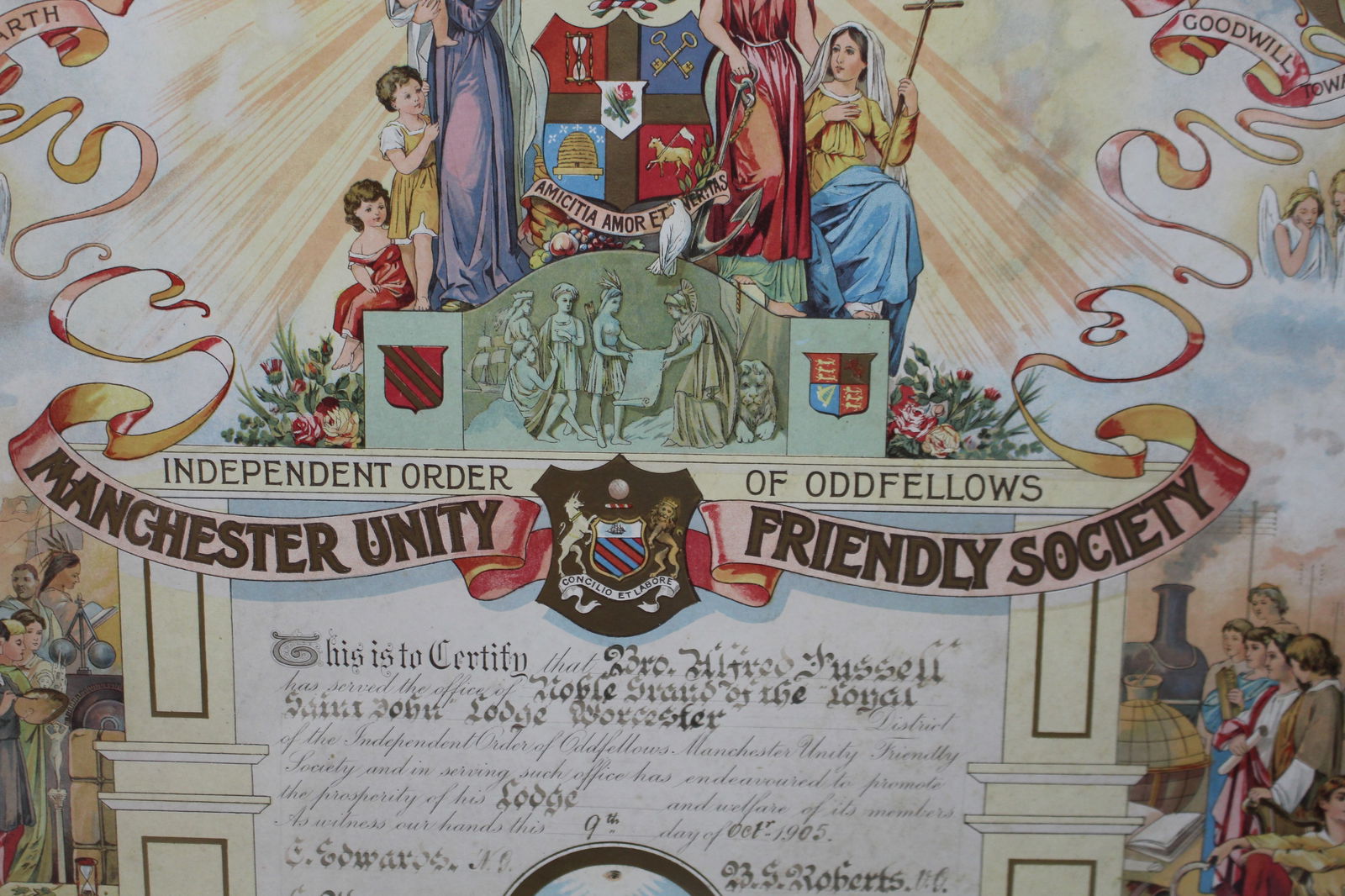 Edwardian Oddfellows Manchester Unity Friendly Society Certificate – Worcester – 1905 - 6