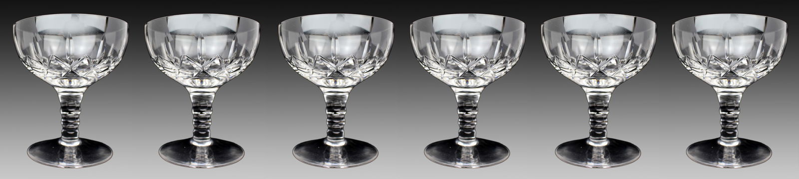 Set of 6 Stuart Crystal Carlingford Champagne Saucers: Title: Set of 6 Stuart Crystal Carlingford Champagne Saucers Description: Set of 6 Stuart Crystal Carlingford Champagne Saucers Condition: Used Location Category: Antiques"