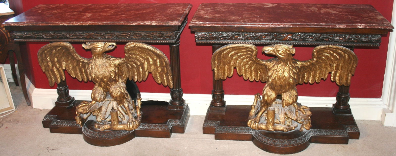 Pair of Marble Topped Mahogany & Giltwood Eagle Console Tables (1 of 9)