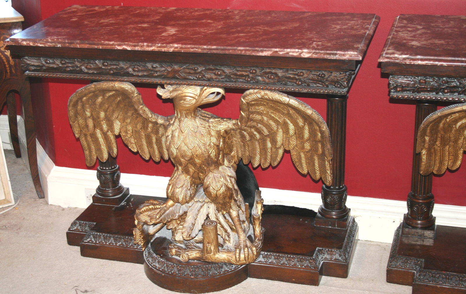 Pair of Marble Topped Mahogany & Giltwood Eagle Console Tables - 2