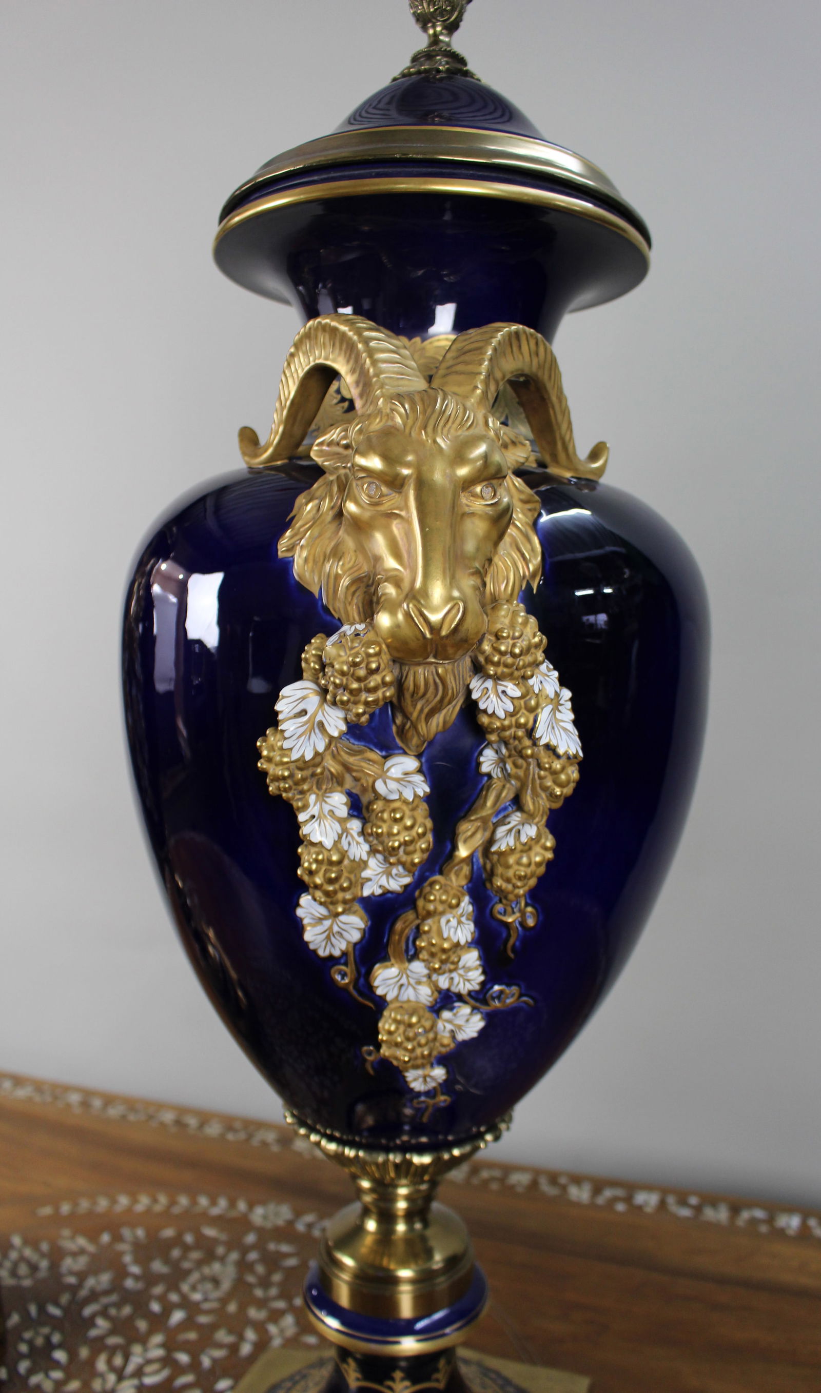 Pair of Fine Sevres Style Cobalt Blue Rams Head Lidded Urns - 10