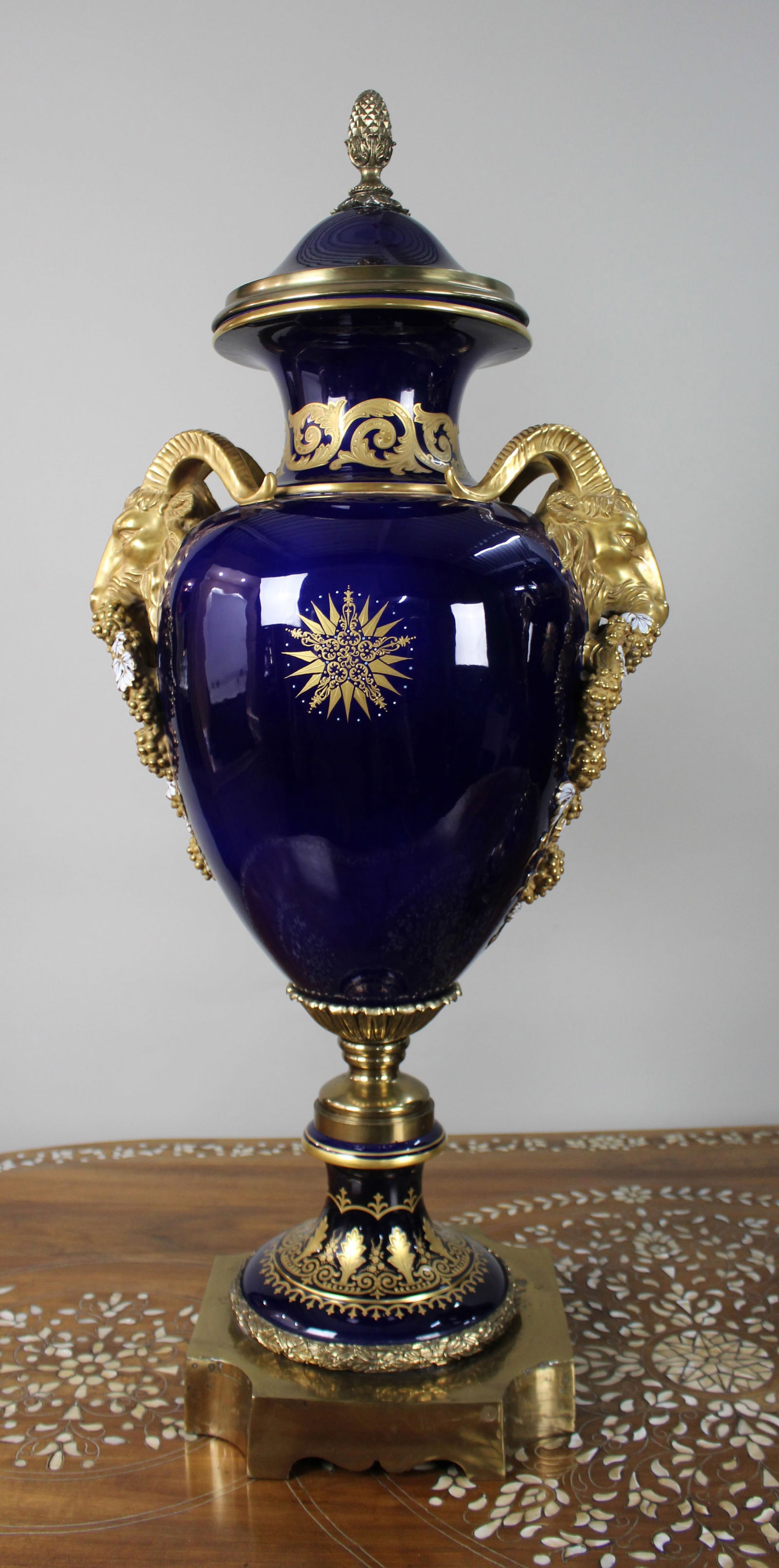 Pair of Fine Sevres Style Cobalt Blue Rams Head Lidded Urns - 11