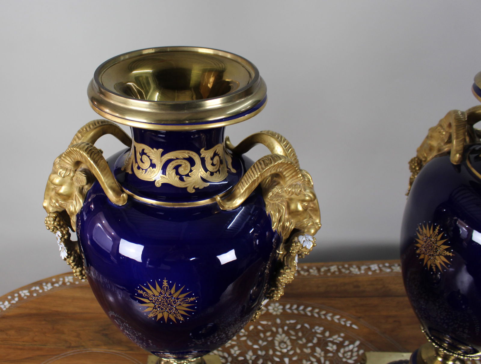Pair of Fine Sevres Style Cobalt Blue Rams Head Lidded Urns - 12