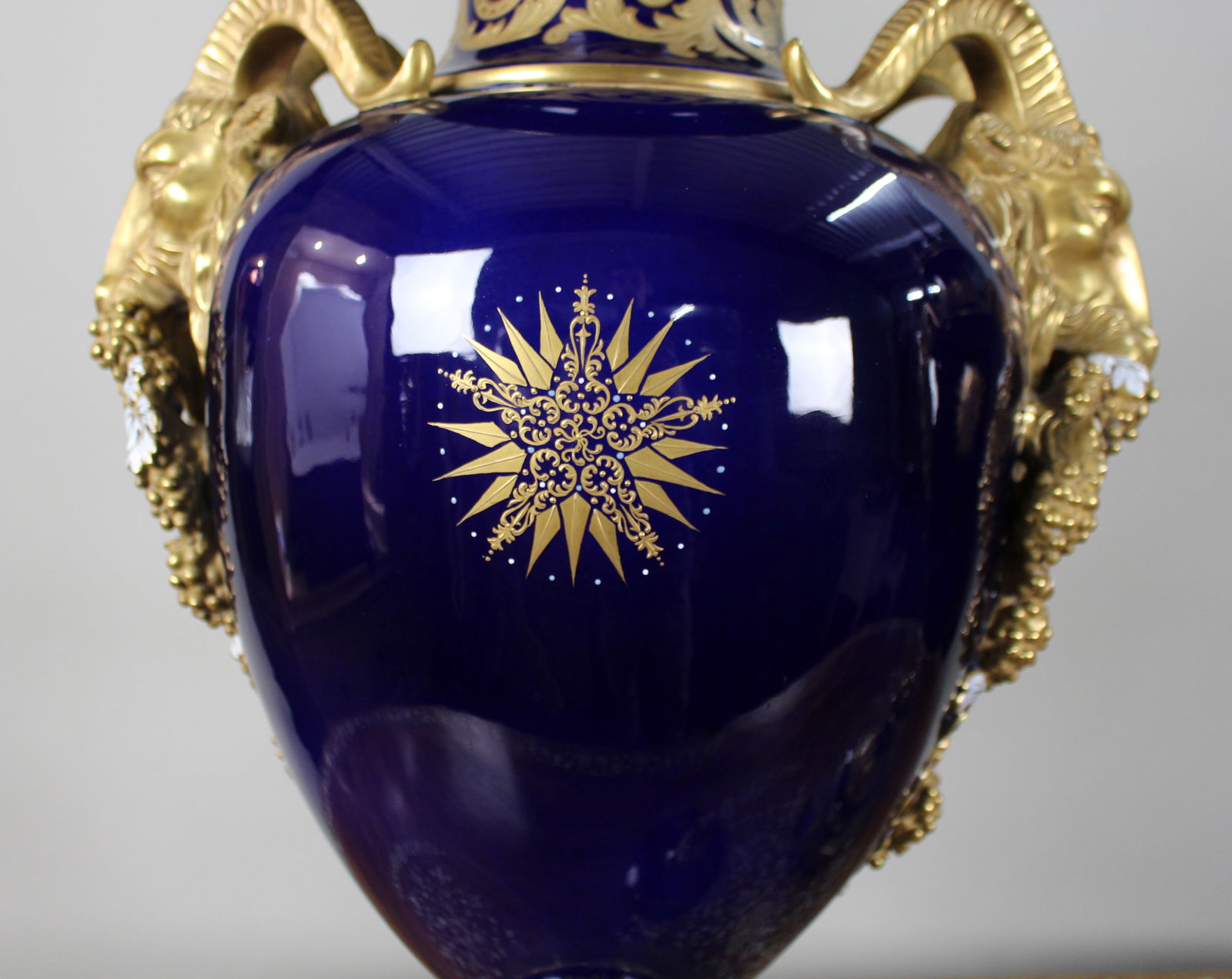 Pair of Fine Sevres Style Cobalt Blue Rams Head Lidded Urns - 13