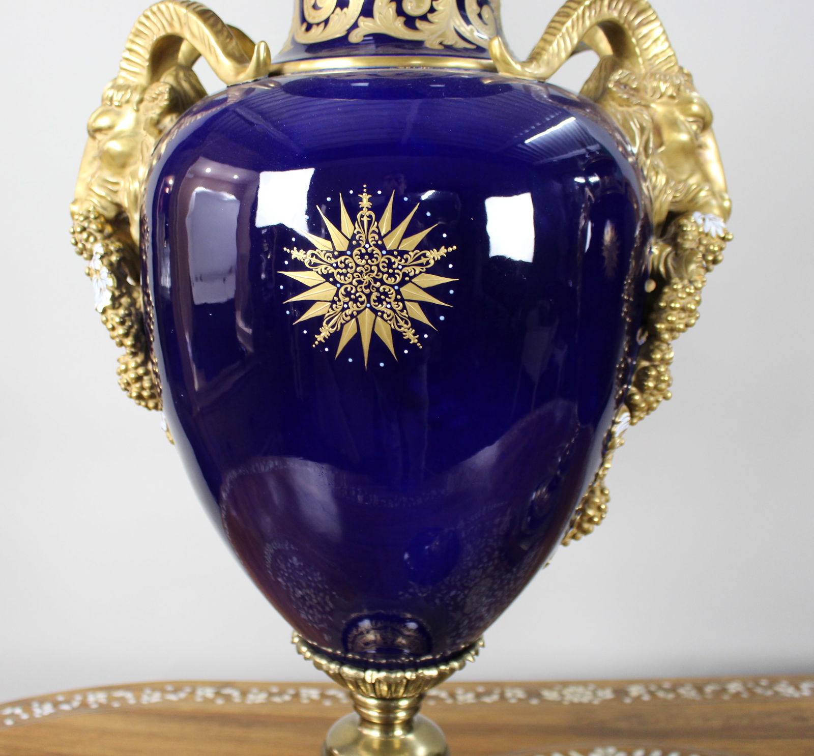 Pair of Fine Sevres Style Cobalt Blue Rams Head Lidded Urns - 15