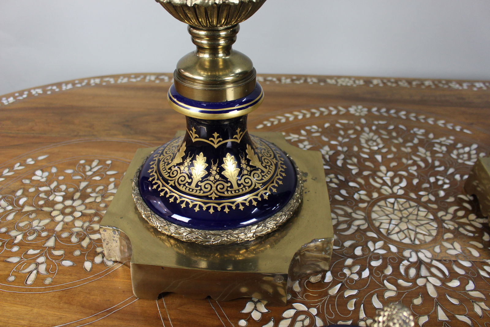 Pair of Fine Sevres Style Cobalt Blue Rams Head Lidded Urns - 17