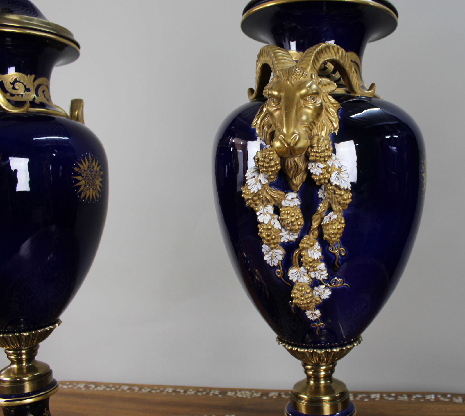 Pair of Fine Sevres Style Cobalt Blue Rams Head Lidded Urns - 19