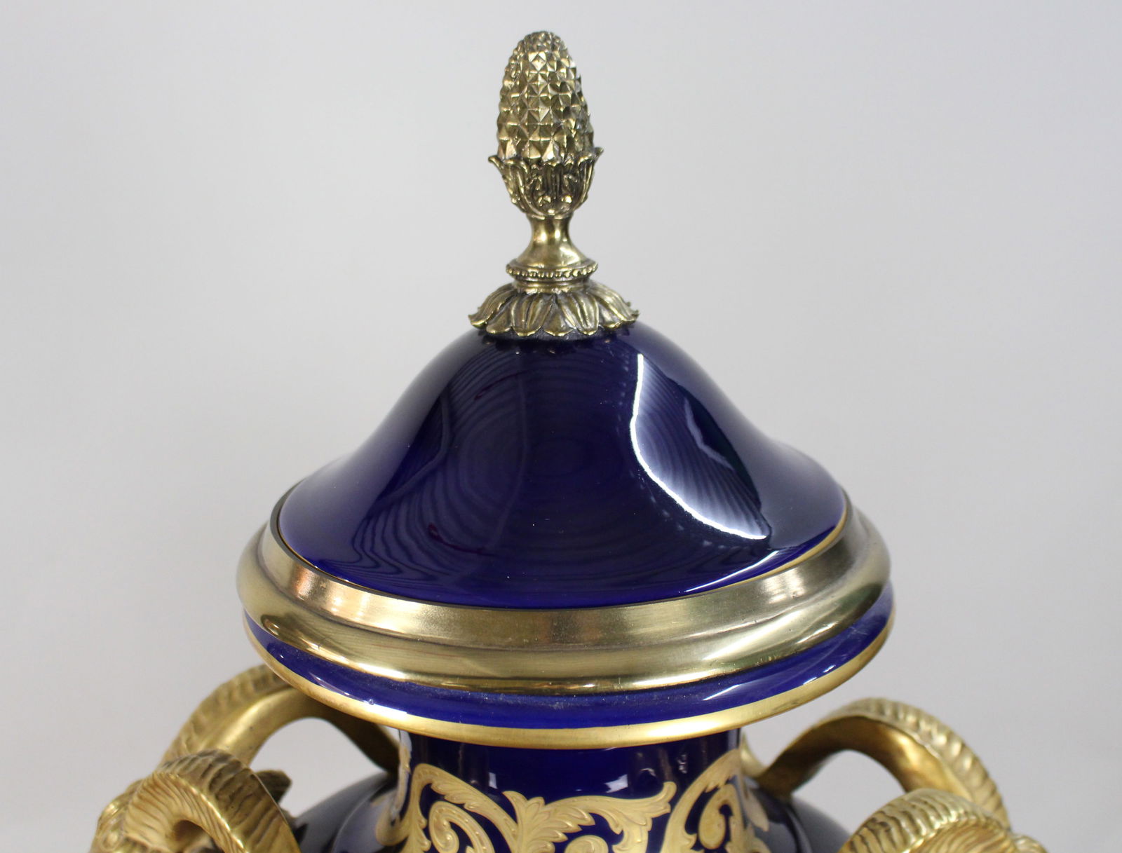 Pair of Fine Sevres Style Cobalt Blue Rams Head Lidded Urns - 20